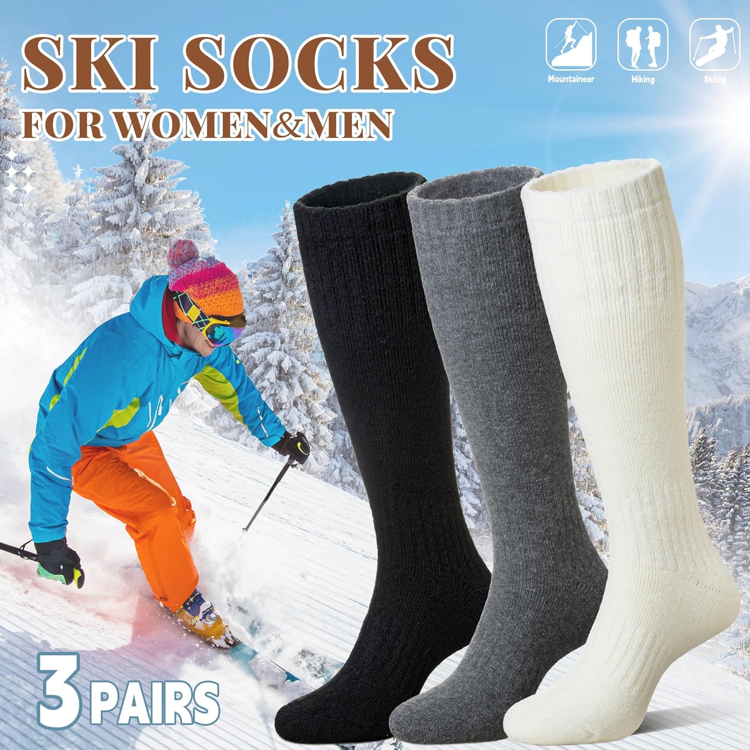 Eocom Unisex Merino Wool Ski Socks Thermal Warm Winter Thick Knee High Long Snowboarding Boot Socks for Women Men 3 Pairs