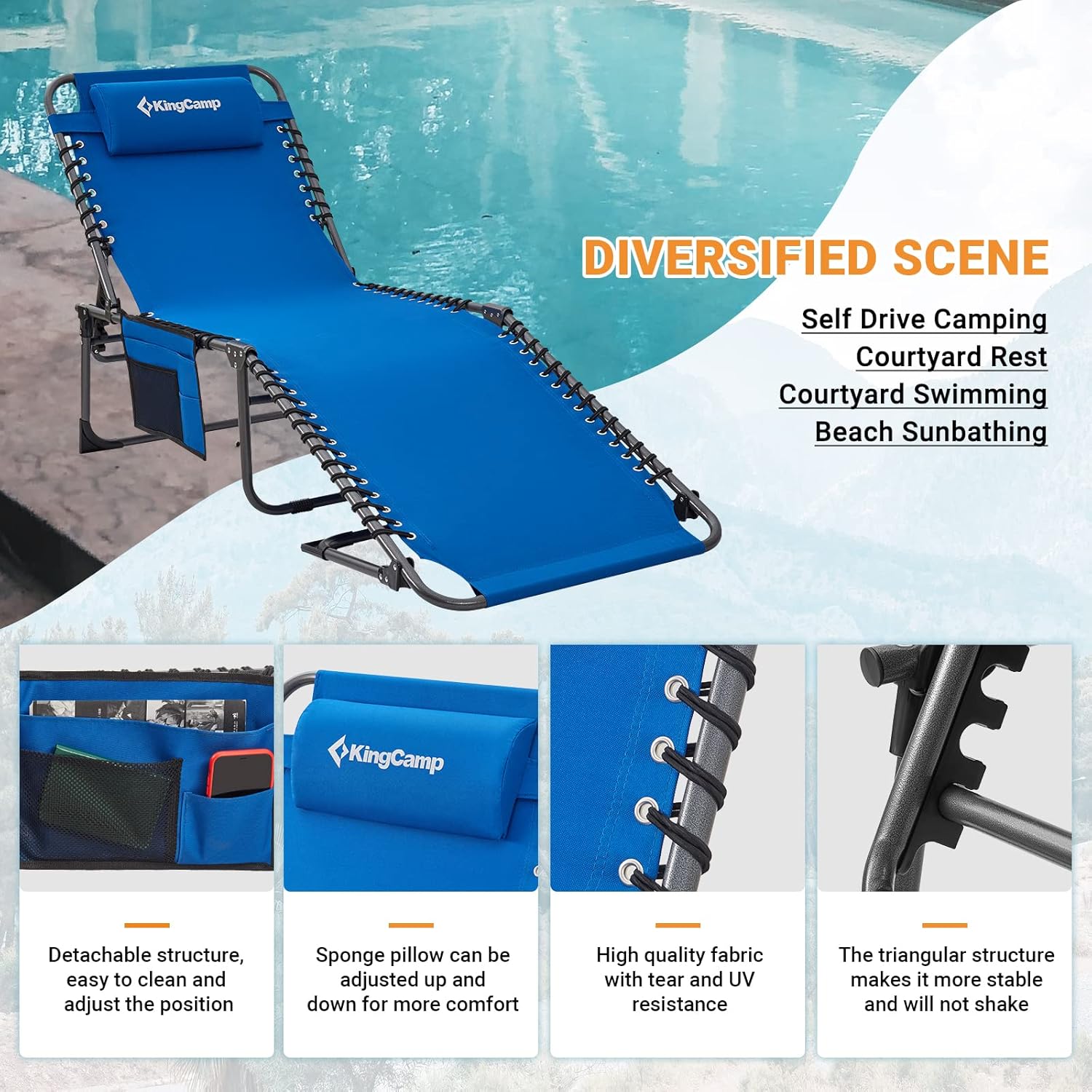 KingCamp Adjustable 5-Position Heavy Duty Folding Chaise Lounge Chair with Pillow Pocket, Lightweight Portable Great for Outdoor, Poolside, Beach, Lawn, Patio, Camping, Lakeside, Blue