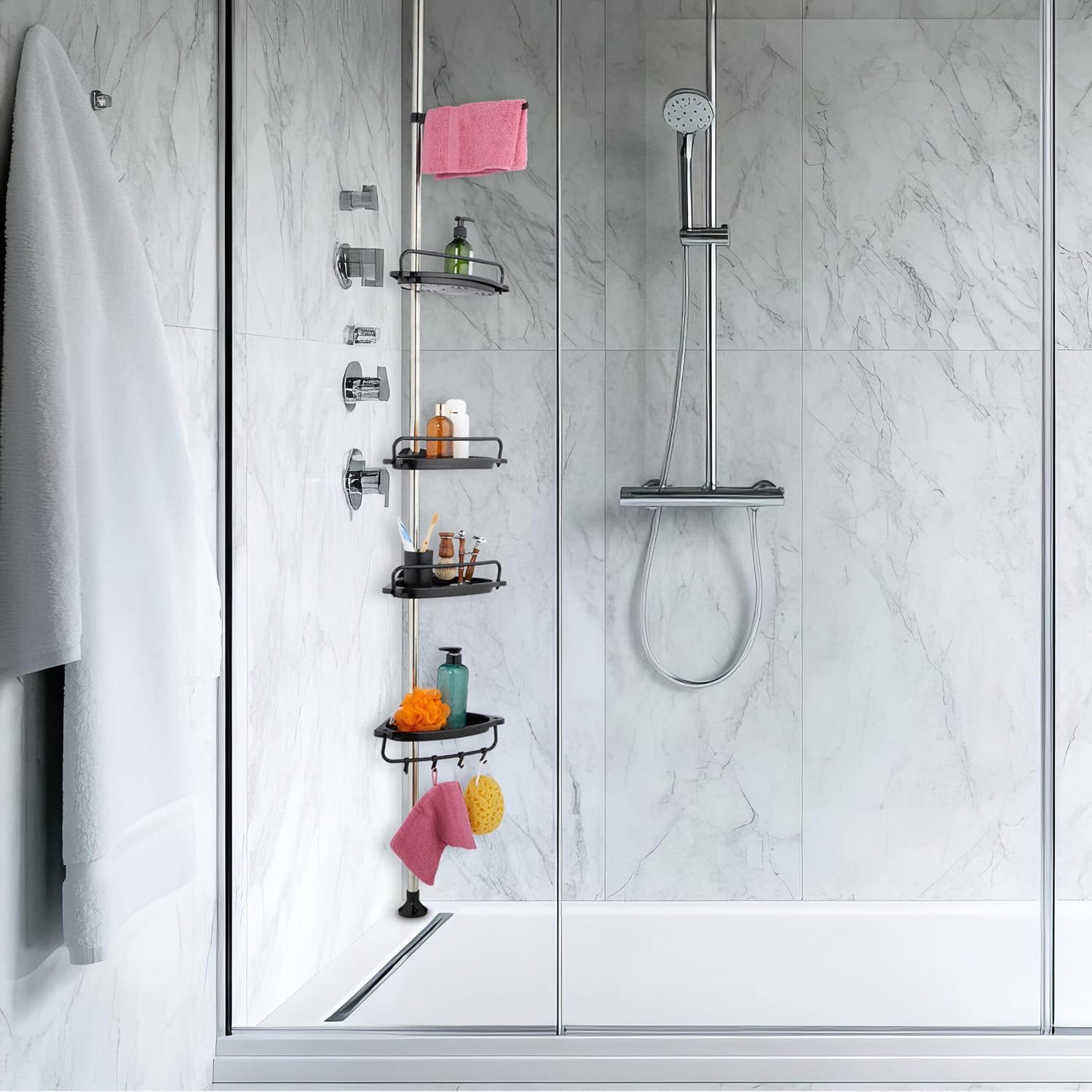Relaxdays telescopic shower caddy installed in a modern shower, holding various toiletries and a pink towel.