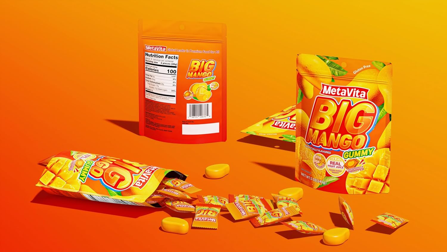 (8 Packs 2.8LB）MetaVita Peelable Mango Candy – Individually Wrapped peelable Gummies Candy-Real Mango Puree – Big Chewy Gummy Candy, Gluten-Free, Fun to Peel