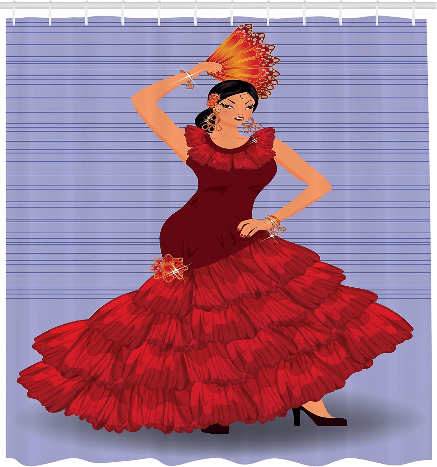 Ambesonne Spanish Shower Curtain, Daincing Cartoon Lady with a Fan and Ethnic Clothes, Cloth Fabric Bathroom Decor Set with Hooks, 69" W x 84" L, Maroon Vermilion