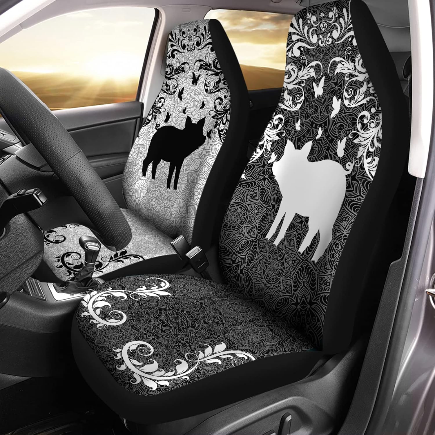 Bulopur Black & White Pigs Flowers Print Automotive Seat Cover, 2Pcs Car Accessories with Front Drive Seat Cover Protect Accessories for Women Men