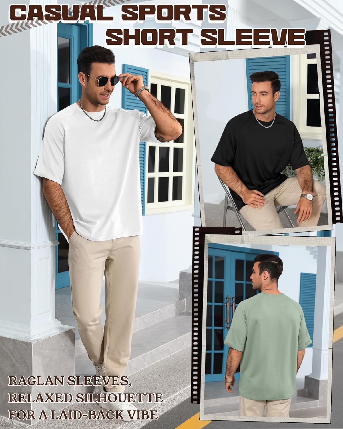 3 Pack Mens Oversized T-Shirts Rolled Short Sleeve Tee Crew Neck Raglan Loose Shirts Solid Summer Casual Tops