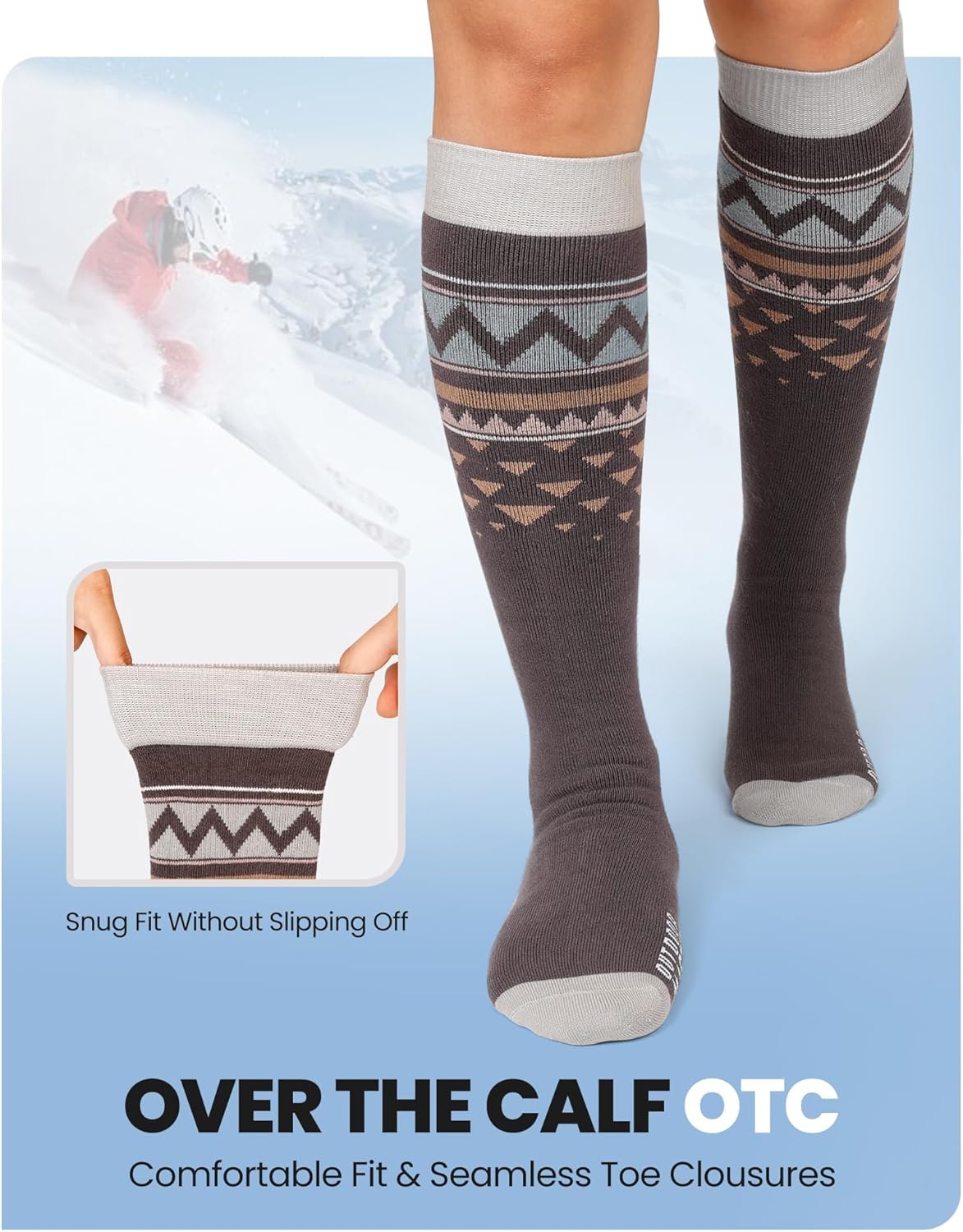 OutdoorMaster Unisex Ski Socks,Skiing and Snowboarding Socks for Men & Women with Over the Calf Design/Non-Slip Cuff