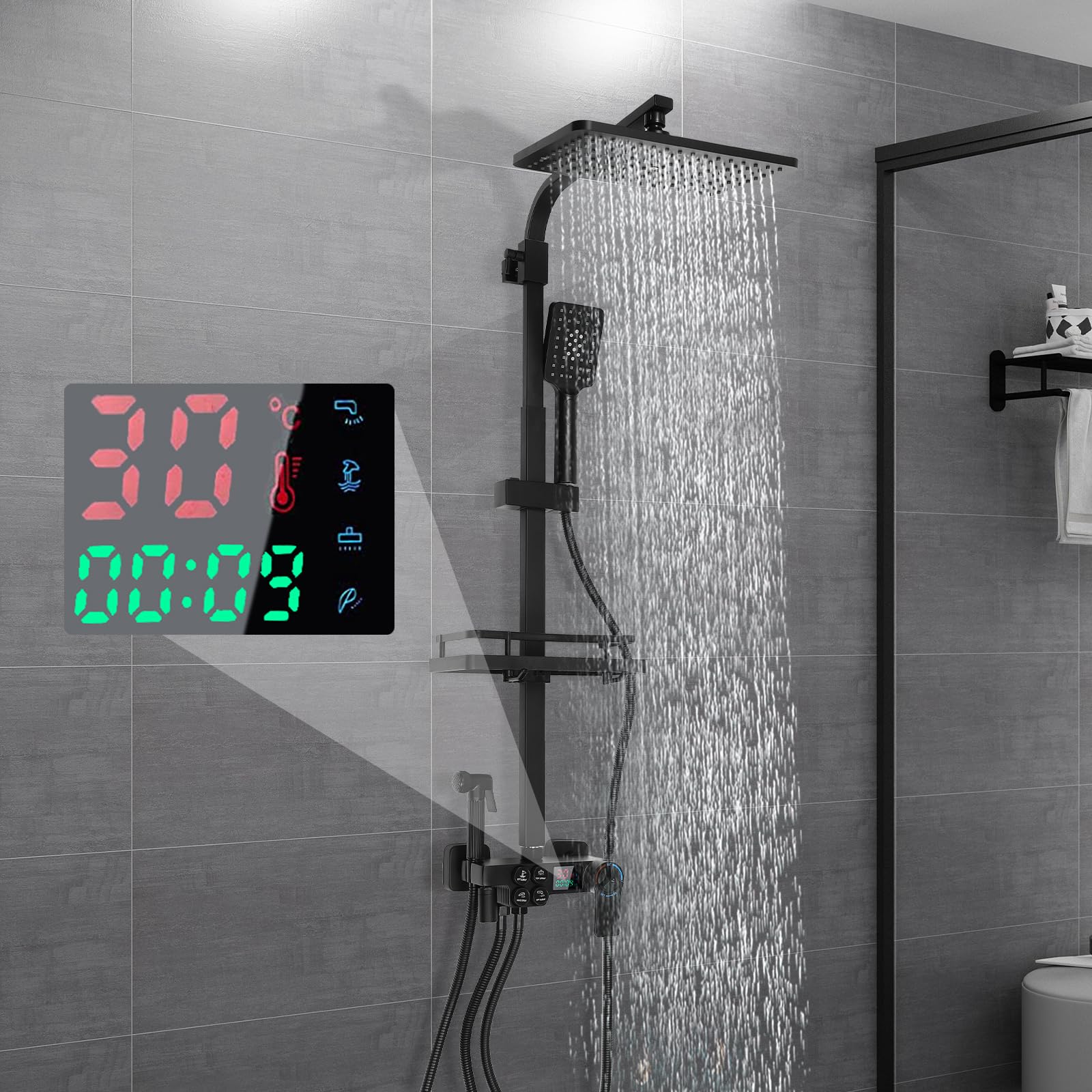 Zestaw prysznicowy z deszczownicą, zestaw prysznicowy z głowicą prysznicową, termostatyczny system prysznicowy, kolumna prysznicowa, ze stali nierdzewnej, wielofunkcyjna, 73-116 cm, regulowany stan