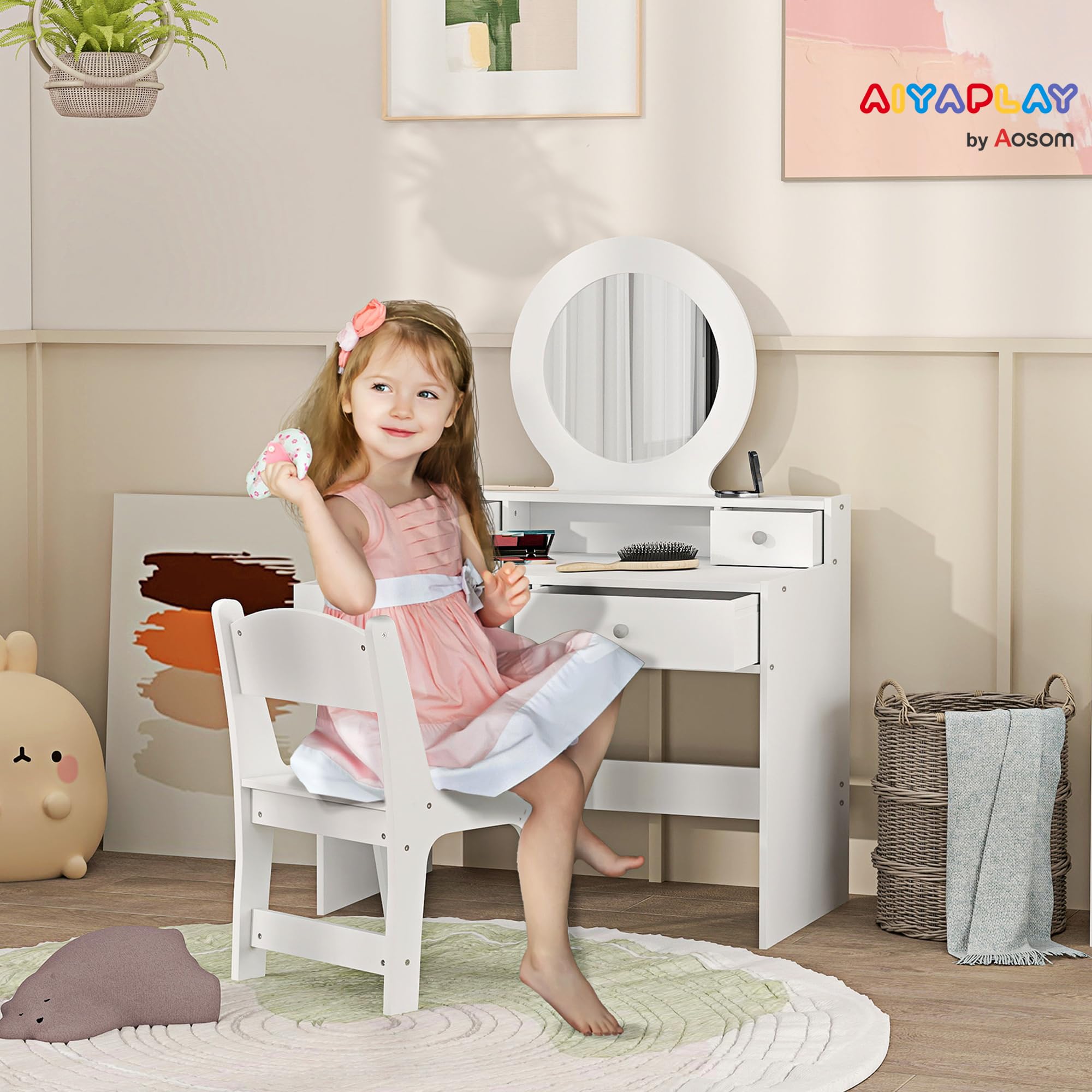 AIYAPLAY Tocador Infantil con Espejo y Taburete, Tocador Infantil Set de Maquillaje con Cajones de Almacenaje Regalo para Niños de 3 a 8 Años - Blanco