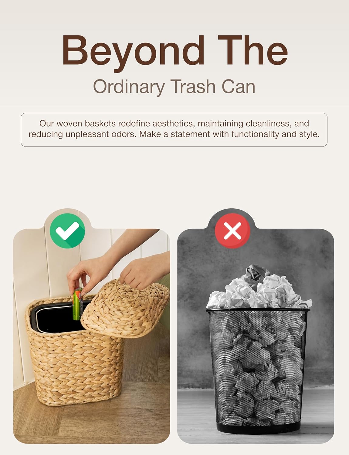 1.5 Gallons Wicker Waste Basket with Lid - Large Wicker Trash Can for Office - Waste Basket for Bedroom, Bathroom, Kitchen, Living Room - Boho Handwoven Trash Cans for Garbage (1.5 Gallons)