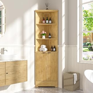 MUPATER 68'' Bamboo Free Standing Corner Kitchen Hutch, Tall Corner Cabinet with Doors & Shelves, Storage Cabinet with Countertop, Suitable for Bathroom, Kitchen, Natural