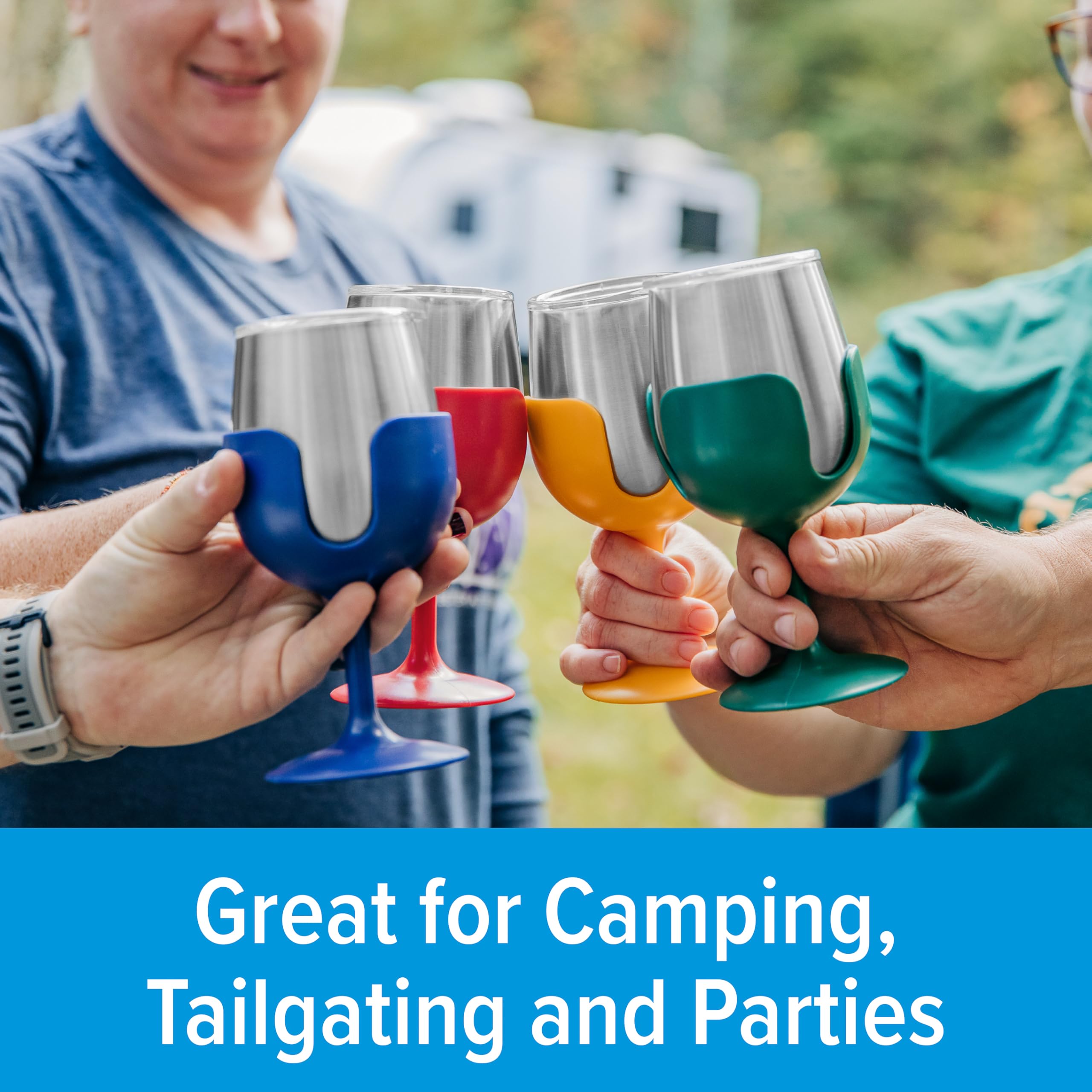 Camco Life is Better at The Campingplatz-Weingläser, 4er-Pack, Merkmale: (4) Edelstahlbecher mit abnehmbaren Stielen, ideal für Camping, Heckklappe und Partys (53465)