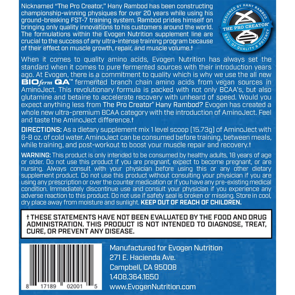 Evogen AminoJect Vegan Fermented Plant Based BCAA, Glutamine