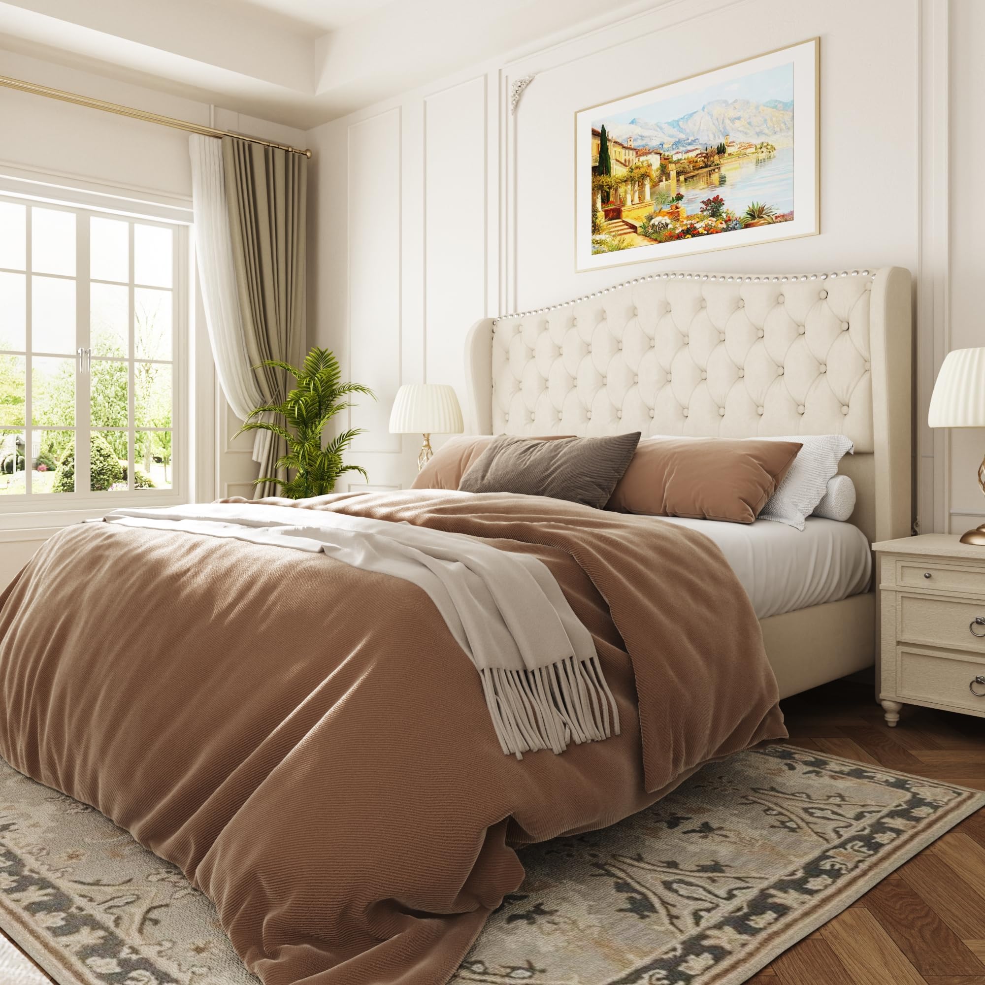 GLOLLOSPARK Queen Size Bed Frame with 51.2" Tall Headboard, Velvet Upholstered Platform Bed Wingback Headboard, Diamond Textured, Button Tufting,