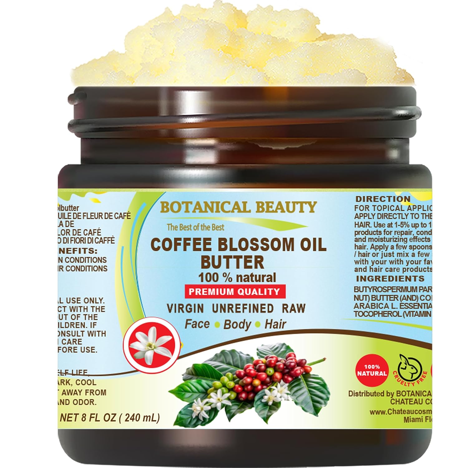 Botanical Beauty COFFEE BLOSSOM OIL BUTTER 100% Natural Coffee Blossom Essential Oil in Shea Nut Butter for FACE, SKIN, BODY, HAIR, NAILS. Beauty Skin Moisturizer Oil Butter (8 Fl Oz)