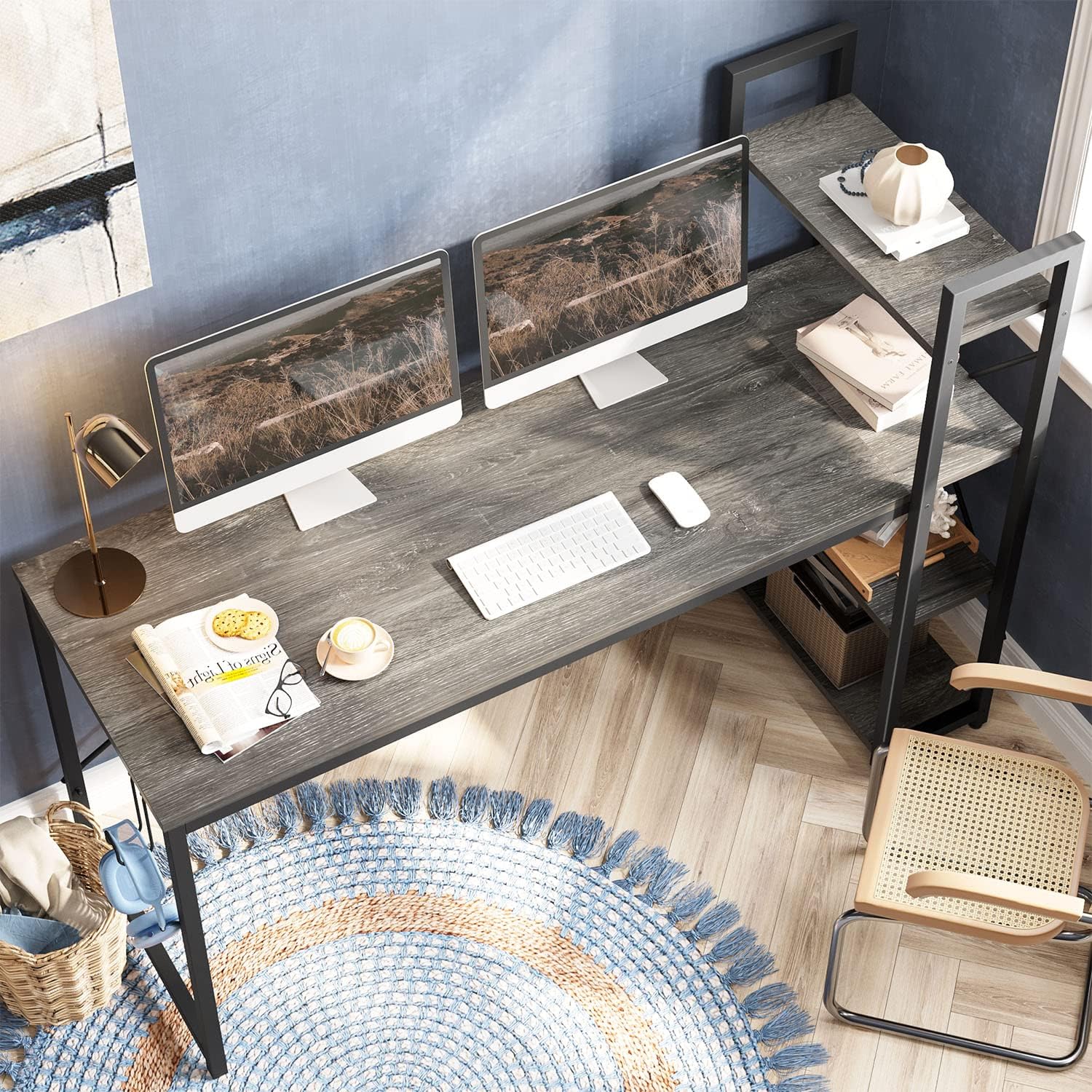 Bestier Computer Desk 63 Inch with Storage Shelves Large Writing Desk with Bookshelf Reversible PC Study Table with Headphone Hook for Home Office, Gray : Home & Kitchen