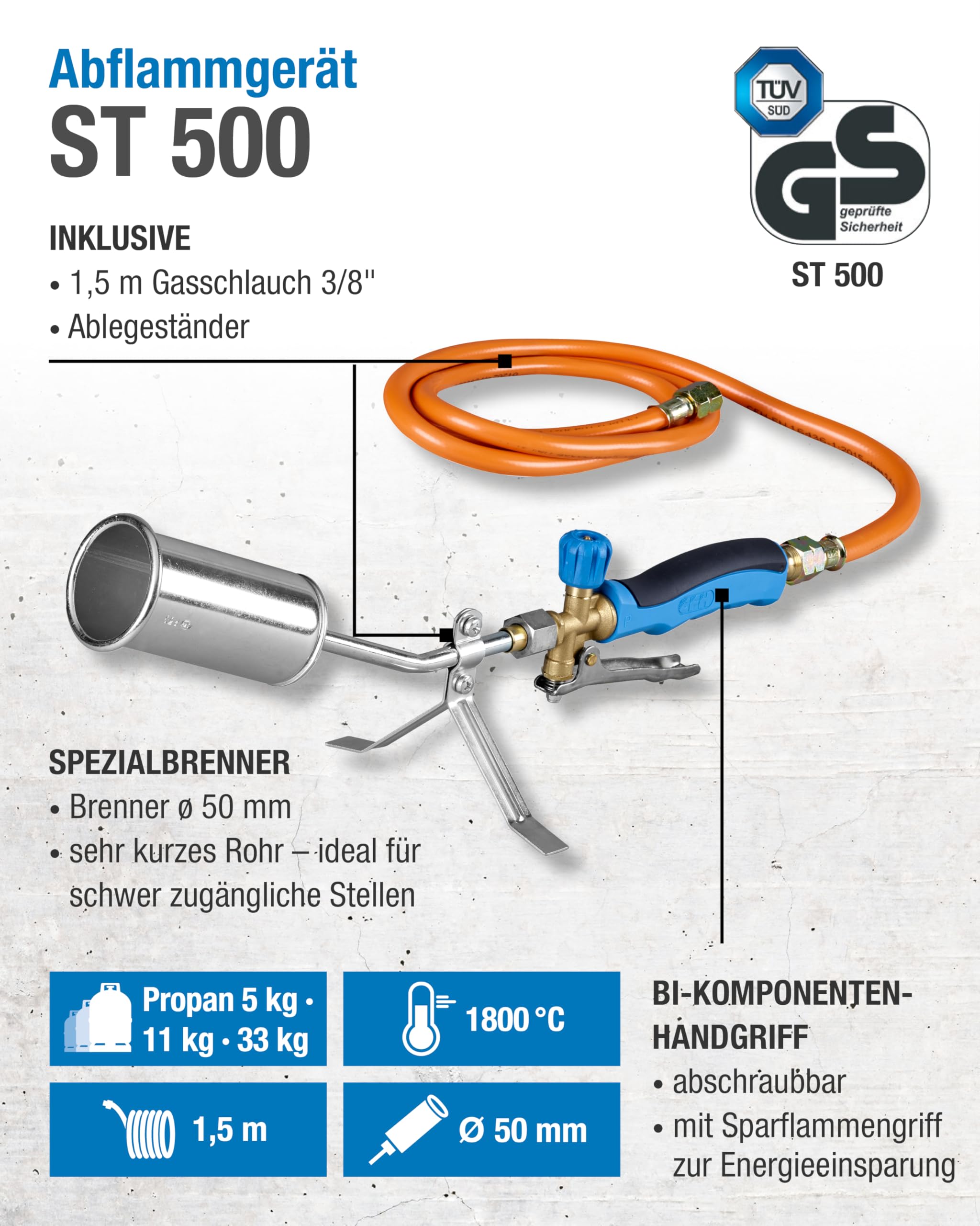 CFH Afvlamapparaat PZ 6500 incl. piëzo-ontsteking en gasslang - onkruidbrander gas toepassing met 3/8 inch aansluiting voor gasflessen, ideaal voor onkruidverwijdering, teer- en
