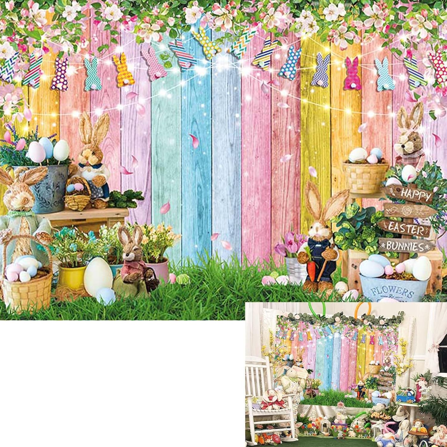 Spring Easter Backdrop Banner Happy Easter Colorful Wooden Photo Background Eggs Rabbit Grass Colorful Wood Wall Party Decoration Banner Booth Props (10x8FT(120x96 inch))
