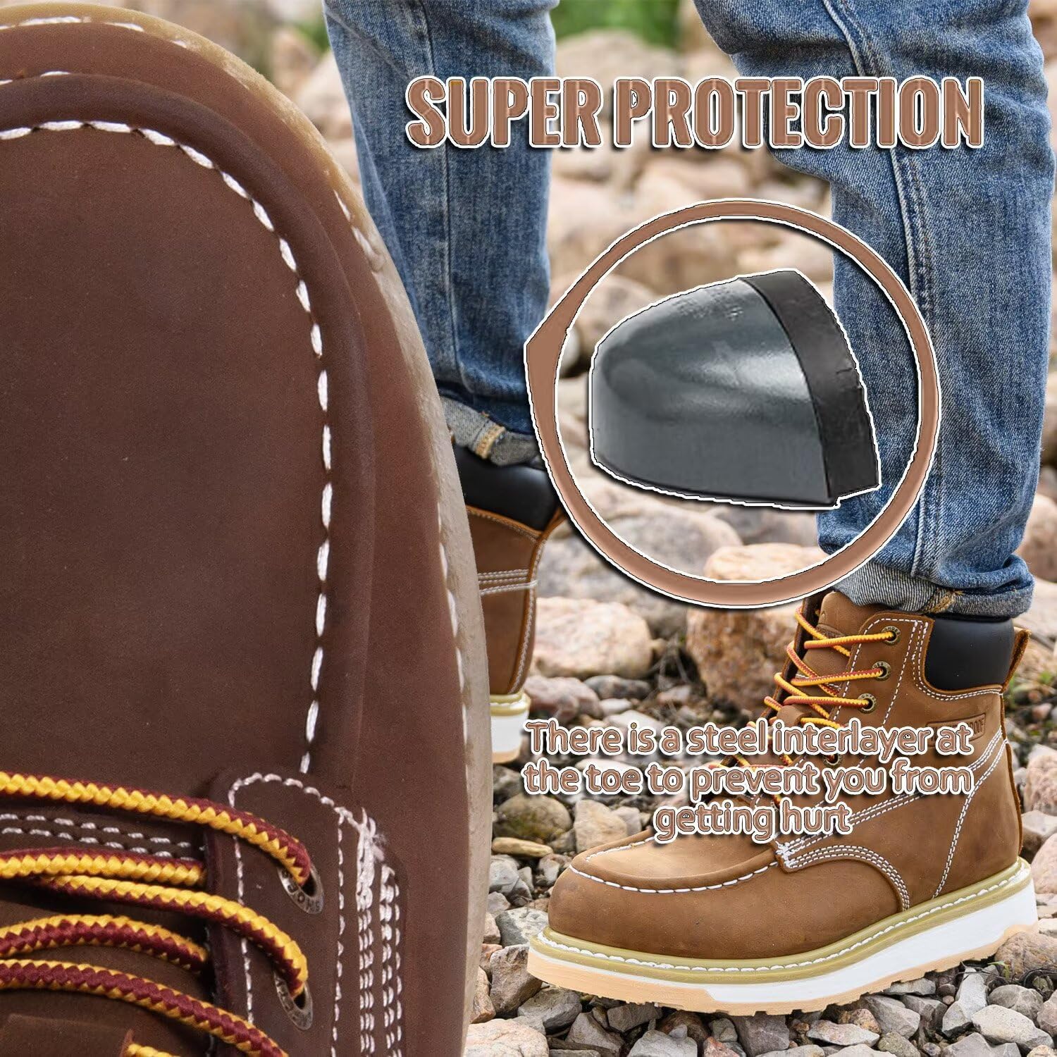 Work Boots for Men, 6" Steel Toe Wedge Sole Waterproof Safety Boots, Comfortable Non Slip Construction Work Safety Shoes - Image 4