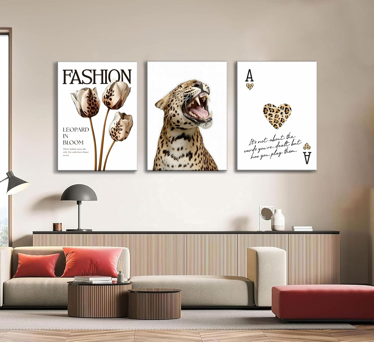 3Pcs Framed Leopard Theme Wall Art Canvas Set Featuring Fashion Tulips Roaring Leopard Canvas and Heart Cards Paintings Posters Prints Pictures for Living Room Bedroom Home Wall Decor Decoration