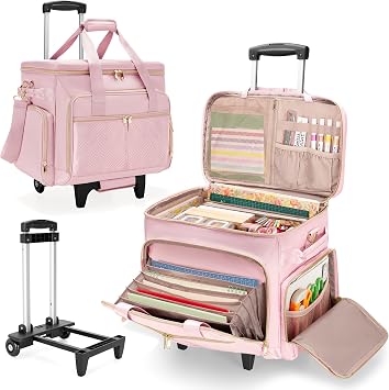 Rolling Scrapbook Bag, Scrapbook Storage Tote Bag with Wheels, Craft Cart Organizer with Detachable Trolley, Art Supplies Organizer Bag for Artist Crafter Teacher, PinkPatent Design