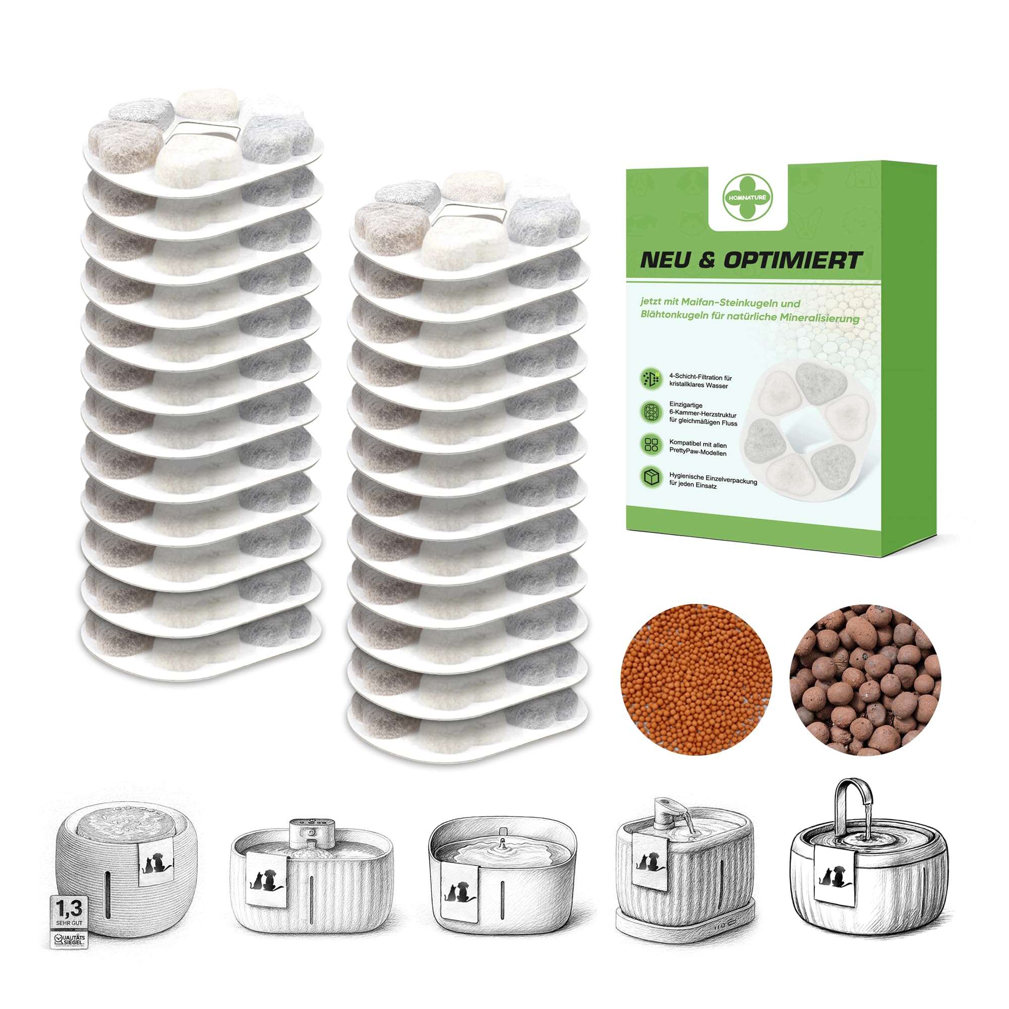 Set di filtri di ricambio innovativi per fontane per gatti, compatibili con modelli PrettyPaw, design a cuore, sei punti filtro con carbone attivo ad alta densità