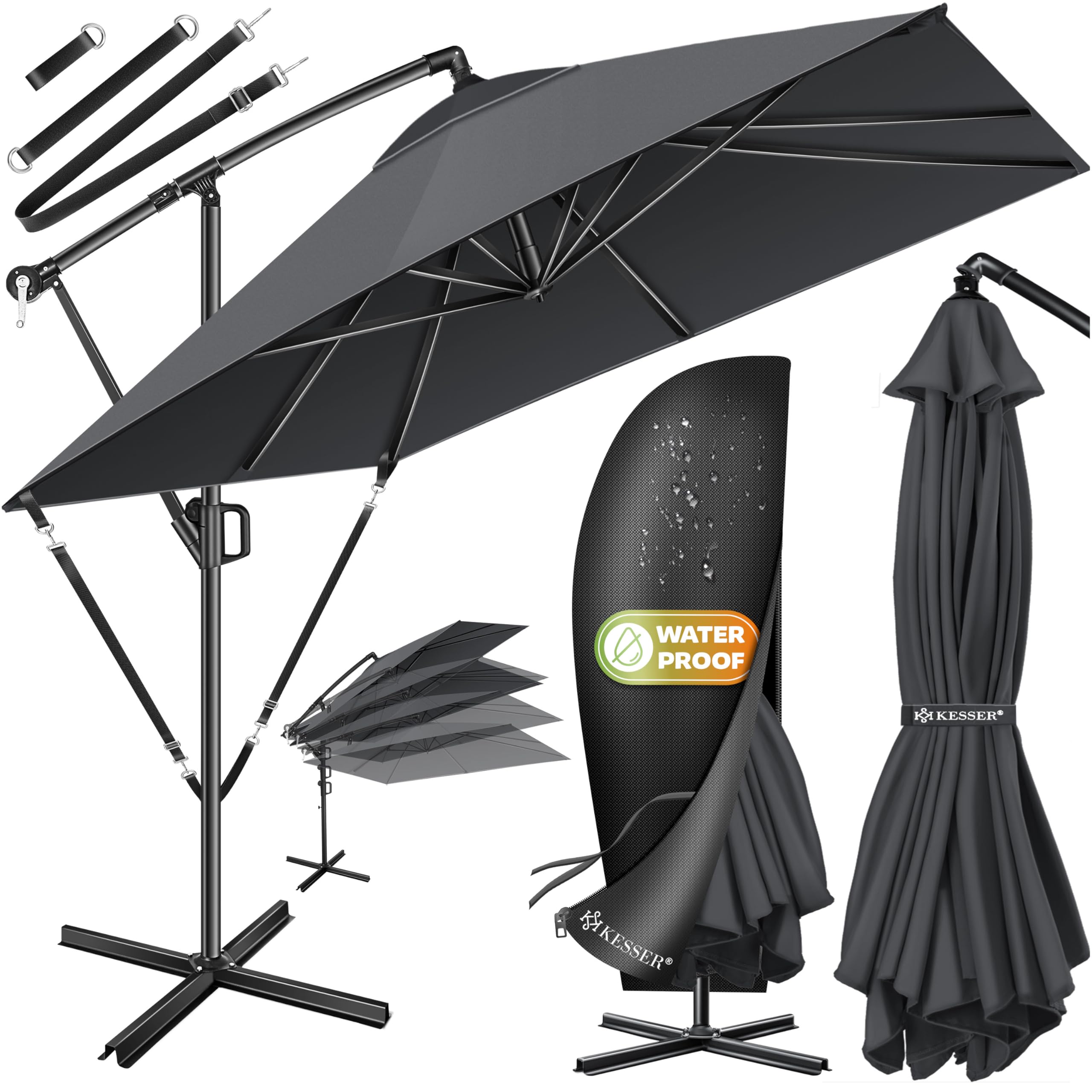 KESSER® Sonnenschirm 250x250cm, Kurbelschirm, Sonnenschirm Balkon, Garten, Sonnenschutz, Gestell & Ständer aus Alu + Kurbel, UV-Schutz, wasserdicht + Windfest, 360° Funktion + Schutzhülle, Anthrazit