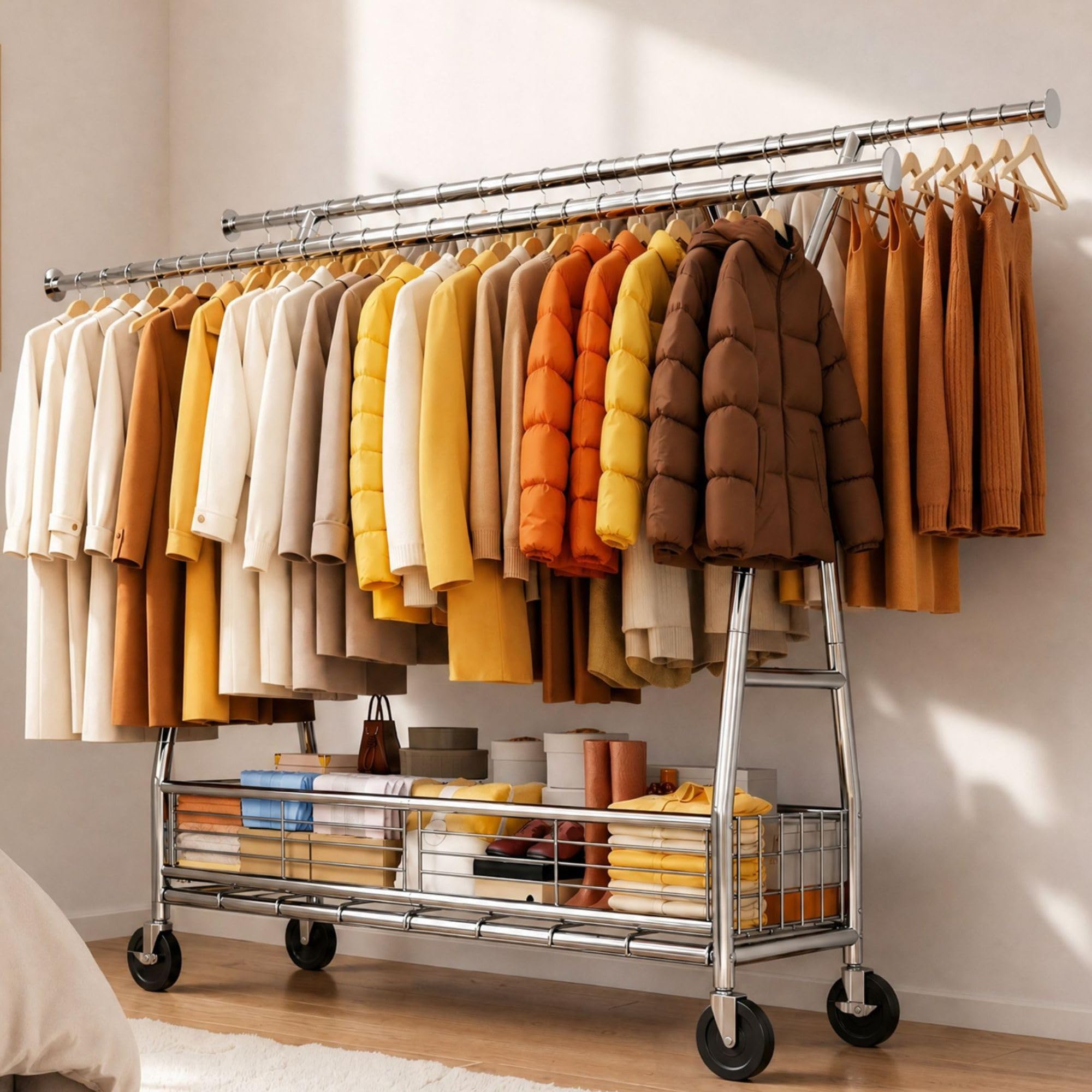 Stand Appendiabiti con Ruote e Cestino, Portata max 200KG, Argento | Doppia barra (alta e bassa) e vassoio rete, appendiabiti estensibile 106–166 cm, per Presentazione, Stoccaggio, Argento