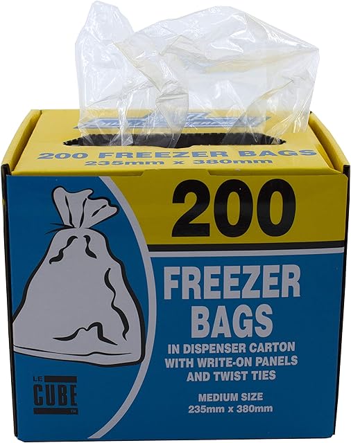 LECUBE Food and Freezer Bags | 200 Bags in a Handy Dispenser Carton | Twist Ties and Write-On Panels | Freezer-Safe