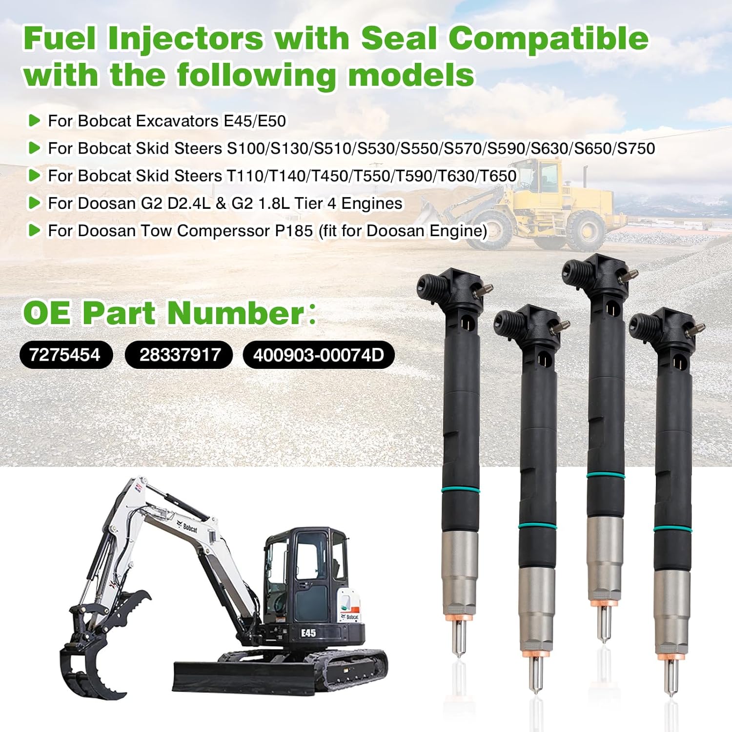 4PCS Fuel Injectors with Seals for Bobcat Excavators E45/E50 & Skid Steers - Compatible with Doosan, Replaces OE 7275454, 28337917, 400903-00074D