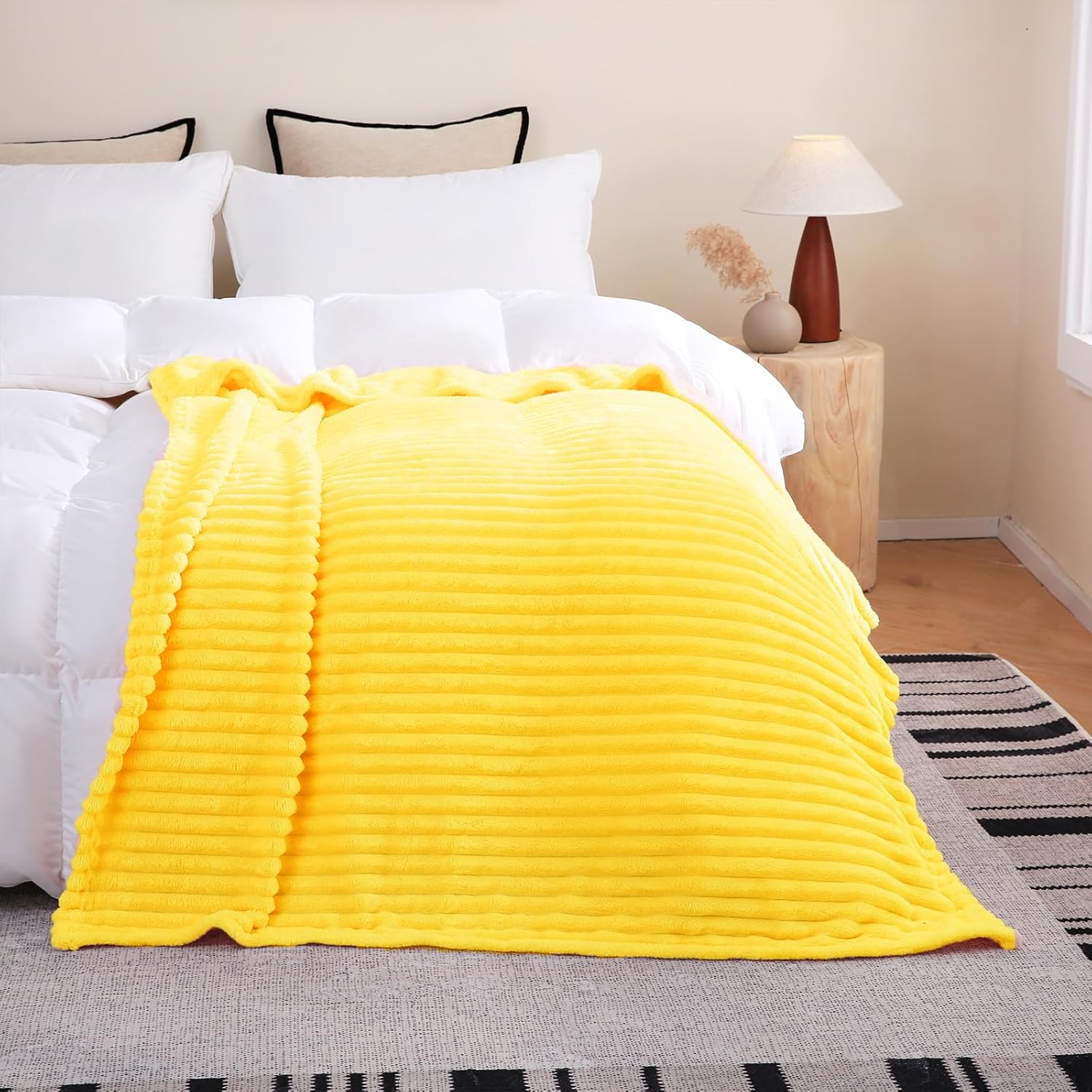 Bright Yellow Fleece Throw Blanket 50”×60” for Couch Sofa Bed,Super Soft Cozy Plush Microfiber Flannel Blanket with Stripes Design Lightweight for Adults,Woman,Girls - Image 4