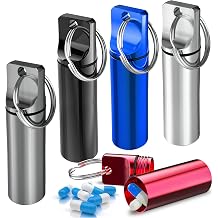 Keychain Pill Holder 5 Pack, Aluminum Waterproof Portable Small Travel Medicine Bottle Case Box Container for Purse, Mini Metal Capsule/Tablet Keeper Pocket Organizer for Men & Women