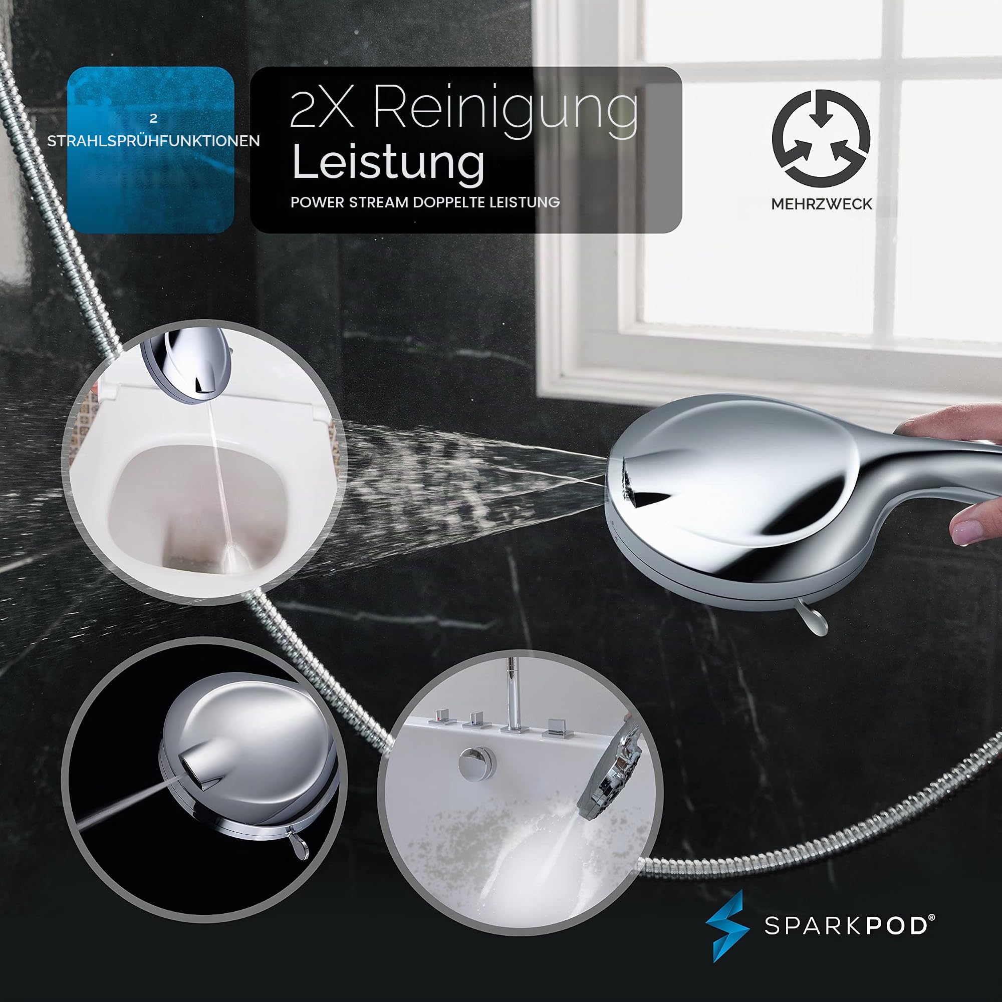 SparkPod Luxuriöser Duschkopf mit 10 Sprüheinstellungen, 12,7 cm hoher Durchfluss, Handbrause mit Hochdruckdüsen, Premium-Edelstahl, 1,8 m, Schlauch und Halterung (poliertes Chrom, mit Filter)