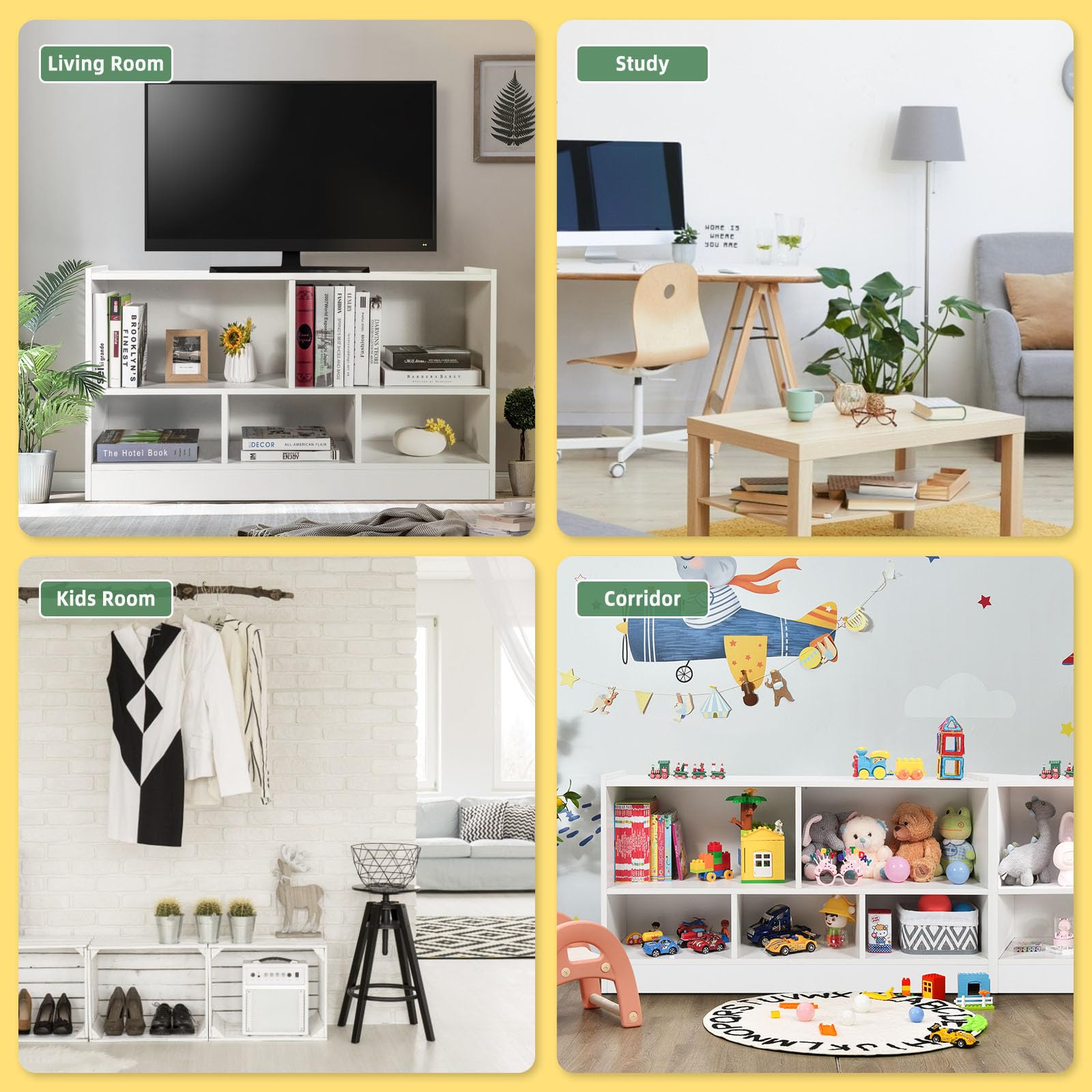 HOMASIS Scaffale per Bambini a 2 Livelli con 5 Scomparti, Libreria per Bambini in Legno, Armadietto Aperto per Stanza dei Giochi, Camera da Letto, Salotto, Aula, 111 x 30 x 61,5 cm (Bianco)