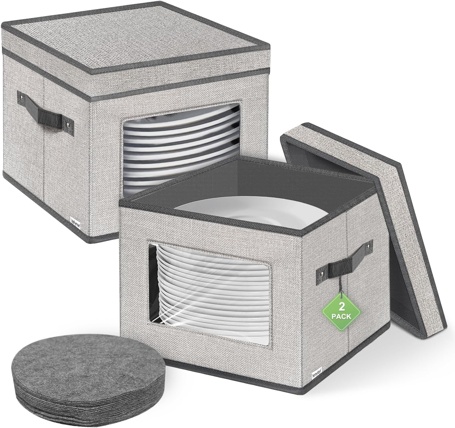 homyfort China Storage Containers With Lid and Handles, Dinnerware Storage Box for Dishes with 12 Felt Dividers, Hold 24 Plates,12 x 12, Set of 2, Light Grey