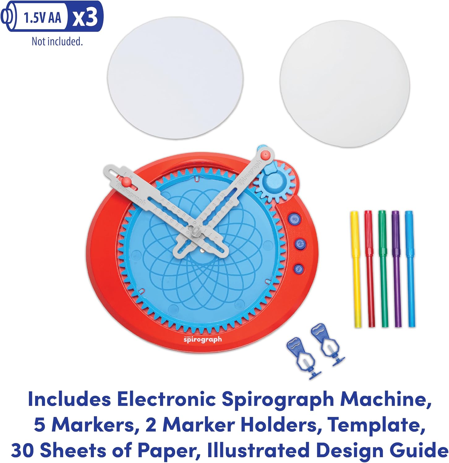 Spirograph Electric Machine components including markers, paper, and marker holders.