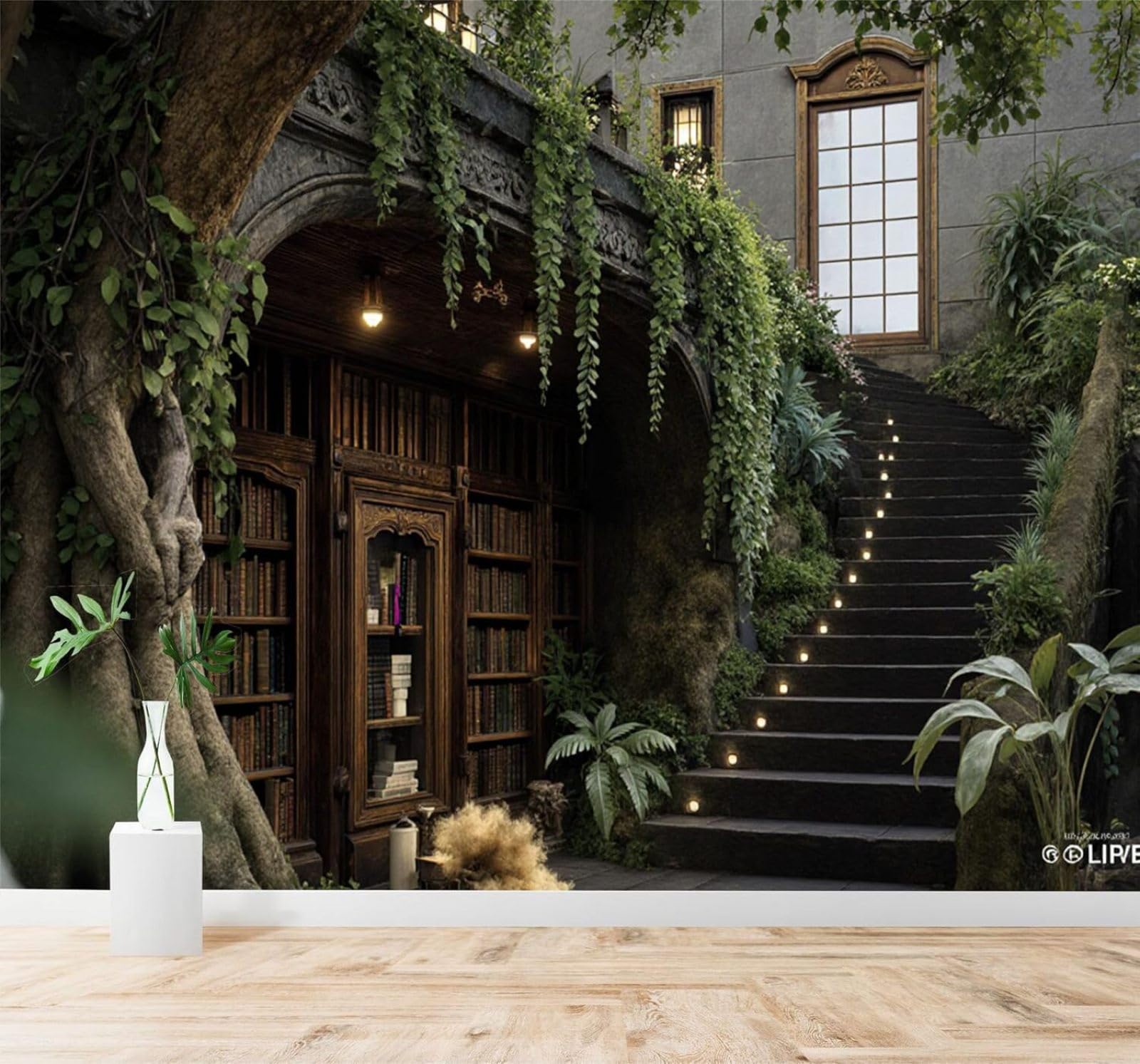 Xlming 250Cm×170Cm(B×H) Vintage Library Wooden Bookshelves Stone Steps Lush Greenery 3D Wallpaper Premium Textured Silk Study Dining Living Room Bedroom Sofa Tv Wall Easy Install-250Cm×170Cm