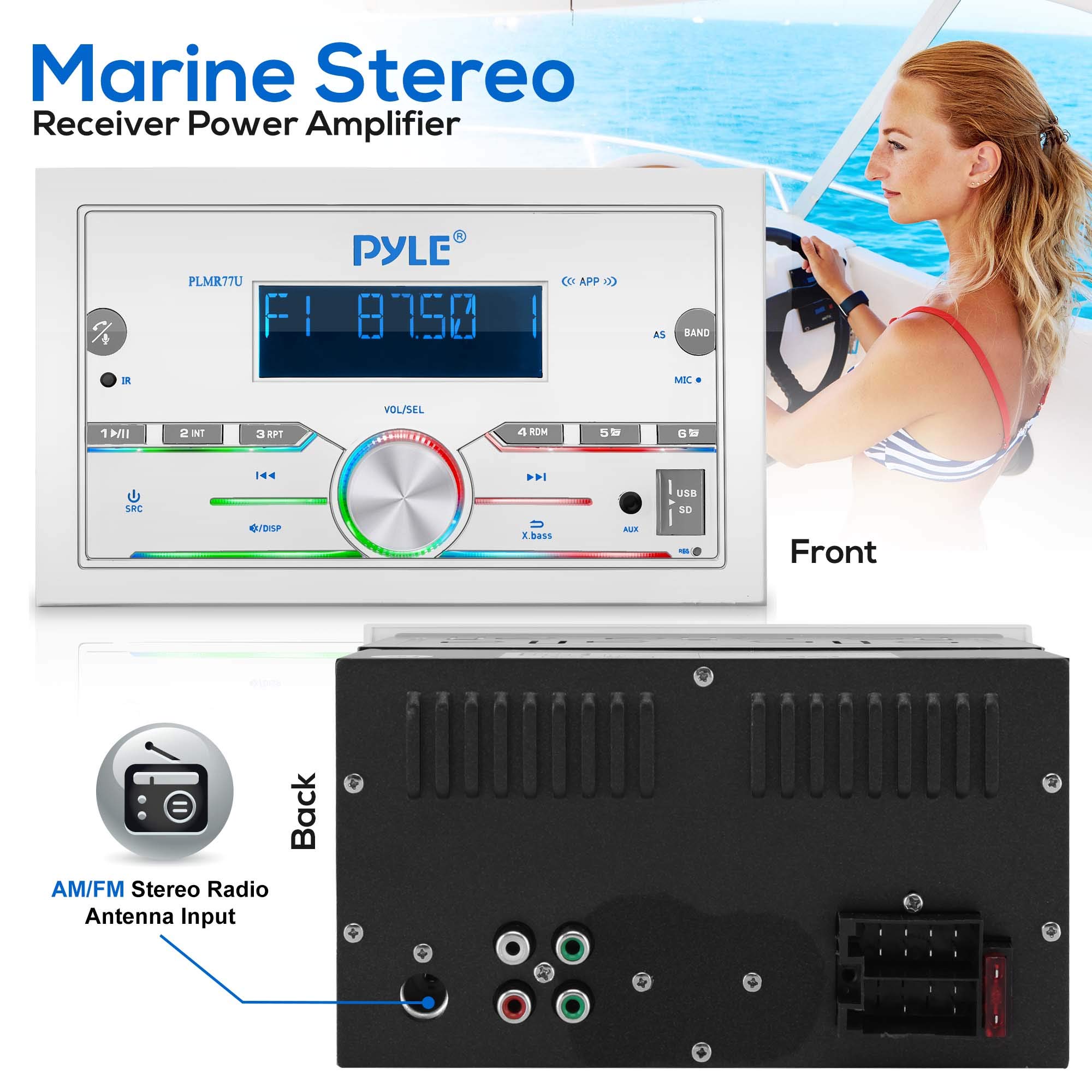 Pyle Bluetooth Marine Receiver Stereo -300W Single DIN Boat Marine Head Unit Amplifier System W/Digital LCD, Mic, Hands-Free Calling, AUX, MP3, USB/ SD, AM/FM Radio, Remote Control- PLMRB38B.5 (Black