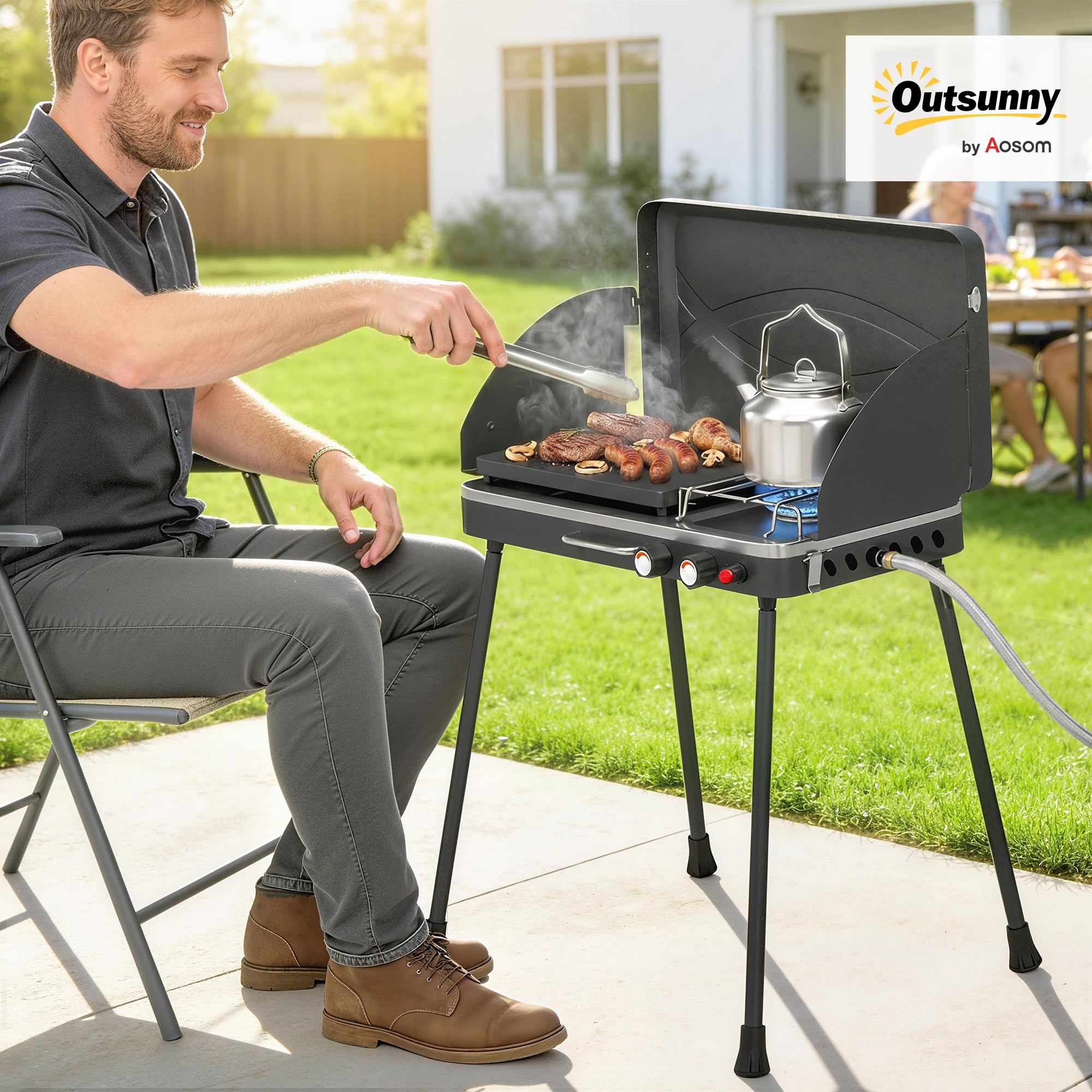 Outsunny Barbacoa de Gas Portátil 2 en 1 7 kW con Plancha Grande Negro | Barbacoa de Gas Propano, de Mesa o de Pie, Patas Desmontables, Protectores de Viento, para Picnic, Camping