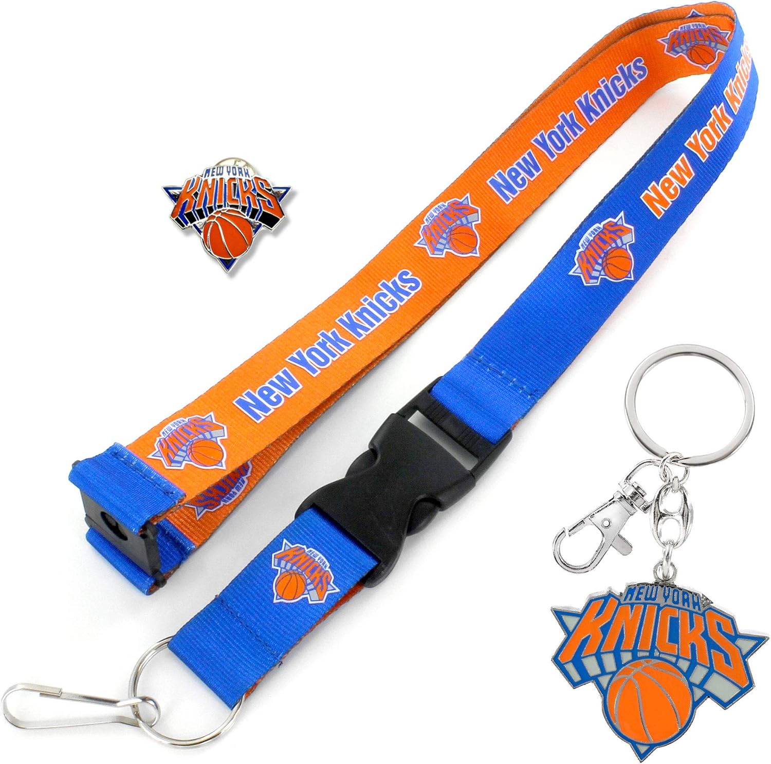 aminco NBA New York Knicks Team Reversable Lanyard, Logo Lapel Pin, and Metal Keychain Gift Bundle