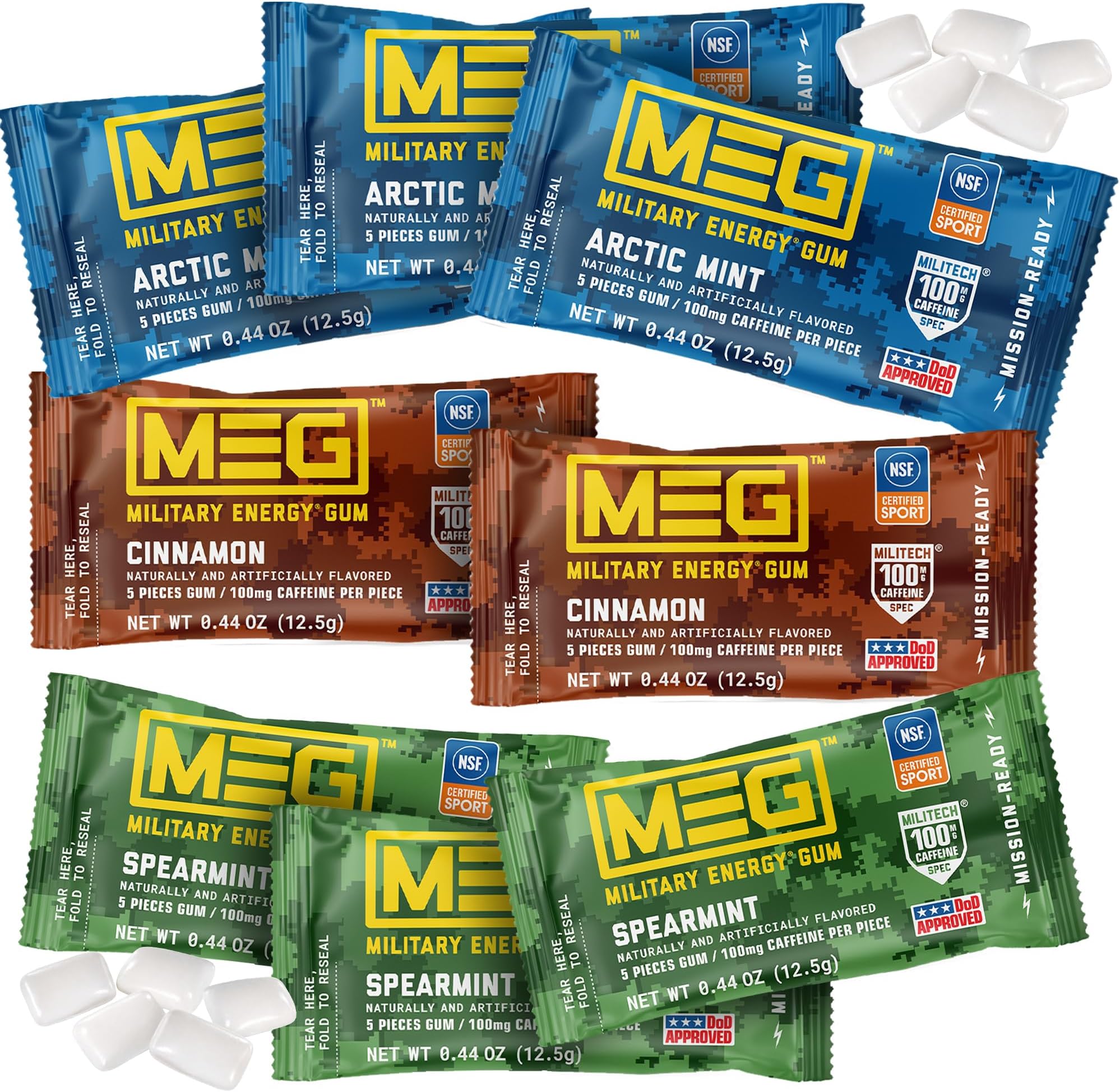 Military Energy Gum - Multi Flavors | 100mg Caffeine Per Piece for Physical Performance, Energy Boost for Workouts, Alternative to Energy Drinks | NSF for Sport® Certified - Pack of 8 (40 Count)