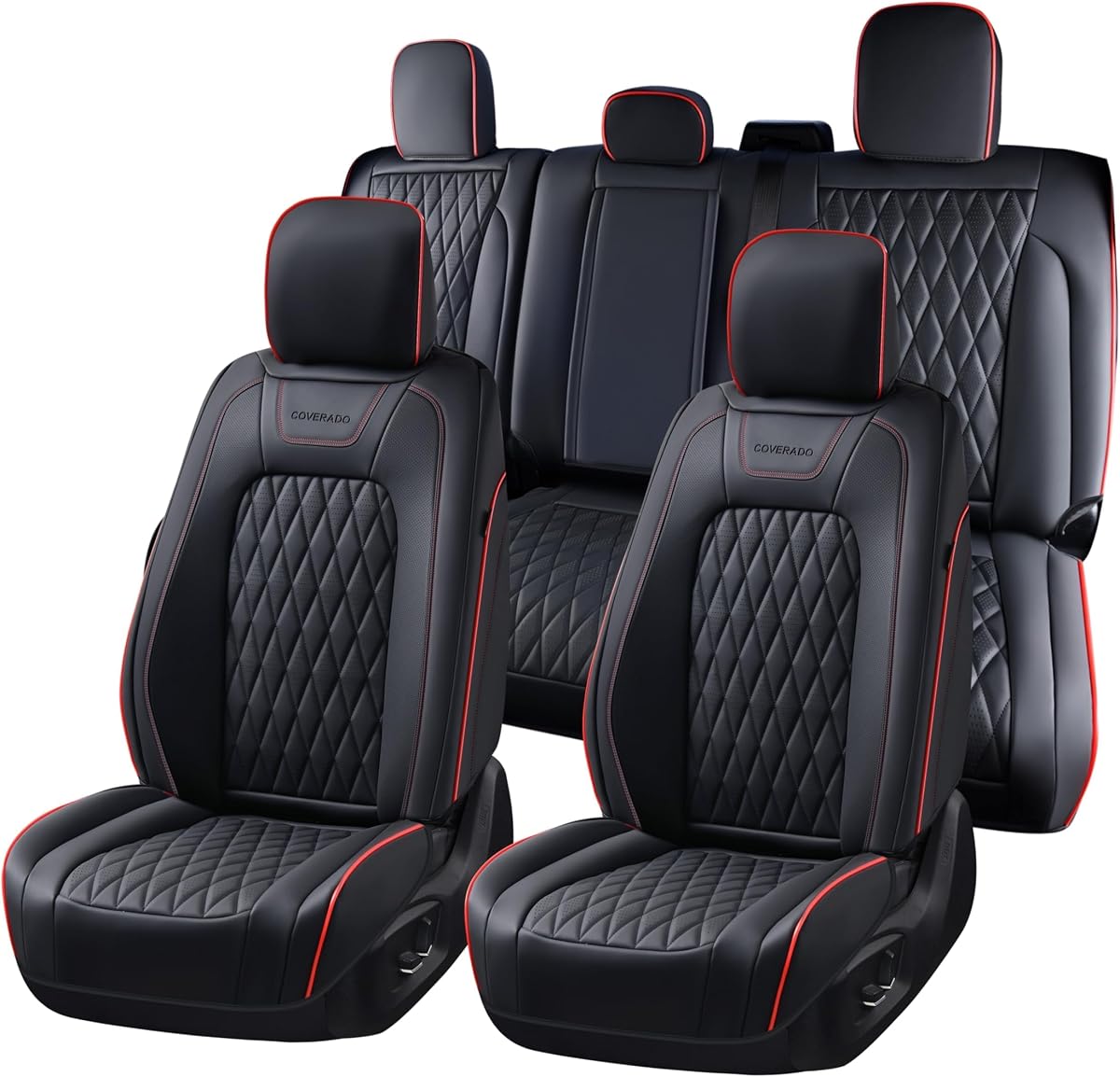 Coverado Juego completo de fundas de asiento de cuero para Ford F150F250F350F450 (2015-2026) Fundas de cojín automotrices impermeables para camionetas, ajuste personalizado para F150 SuperCrew y F250-F450 Super Duty Crew Cab (línea roja)