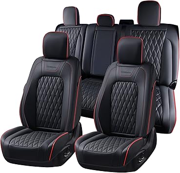 Coverado Leather Seat Covers Full Set for Ford F150F250F350F4502015-2026Waterproof Automotive Cushion Covers for Pick-Up Trucks Custom Fit for F150 SuperCrew&F250F450 Super Duty Crew CabRed Line