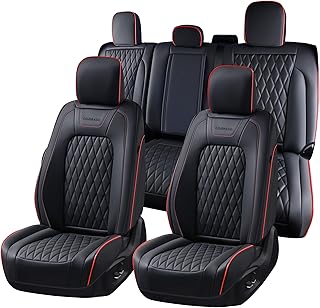 Coverado 포드 F150F250F350F450(2015-2026)용 가죽 시트 커버 풀 세트 픽업 트럭용 방수 자동차 쿠션 커버 맞춤형 핏 F150 SuperCrew&F250–F450 슈퍼 듀티 크루 캡(레드 라인)