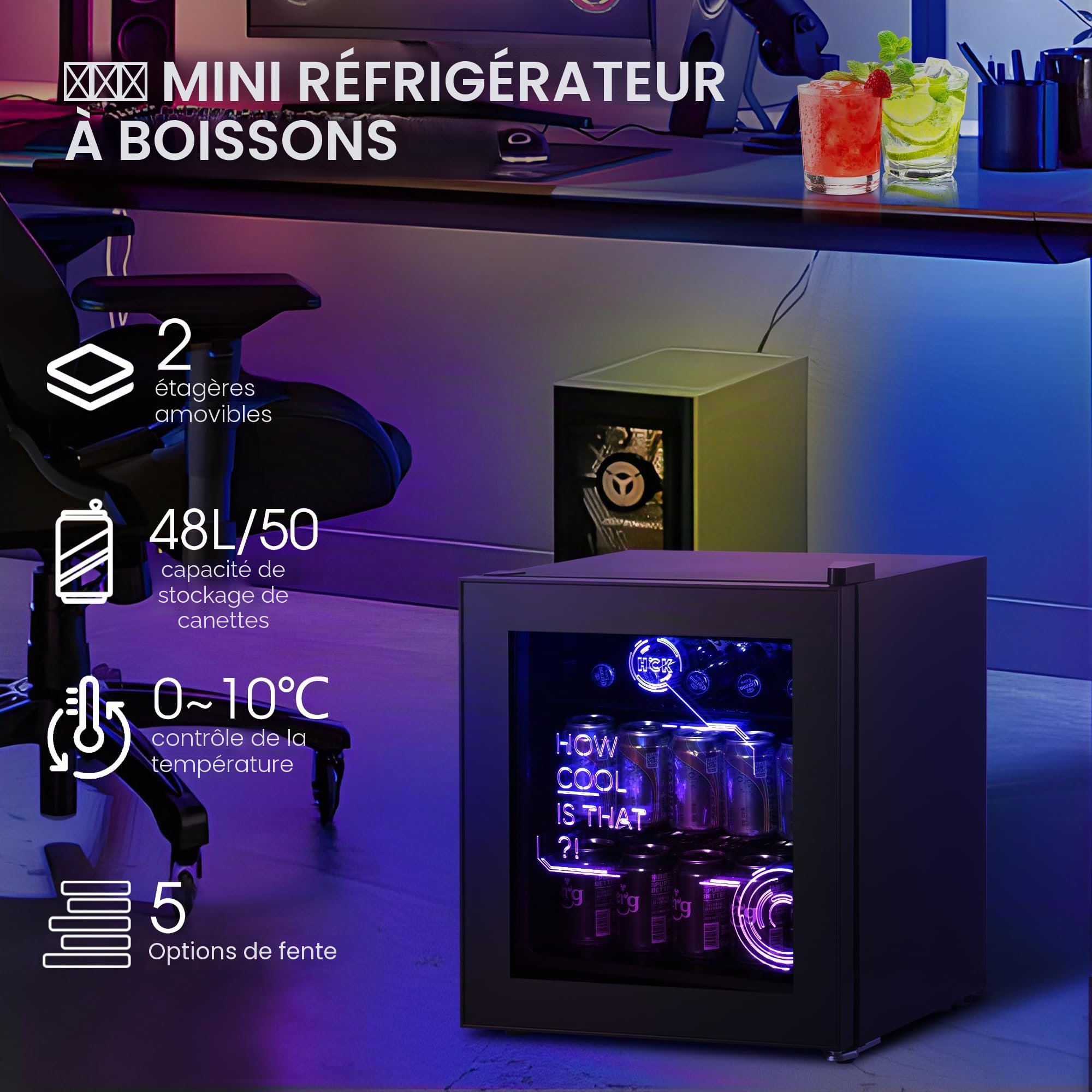 HCK Mini Frigo 48L Réfrigérateur Boissons Silencieux 0-15°C Cyberpunk Noir