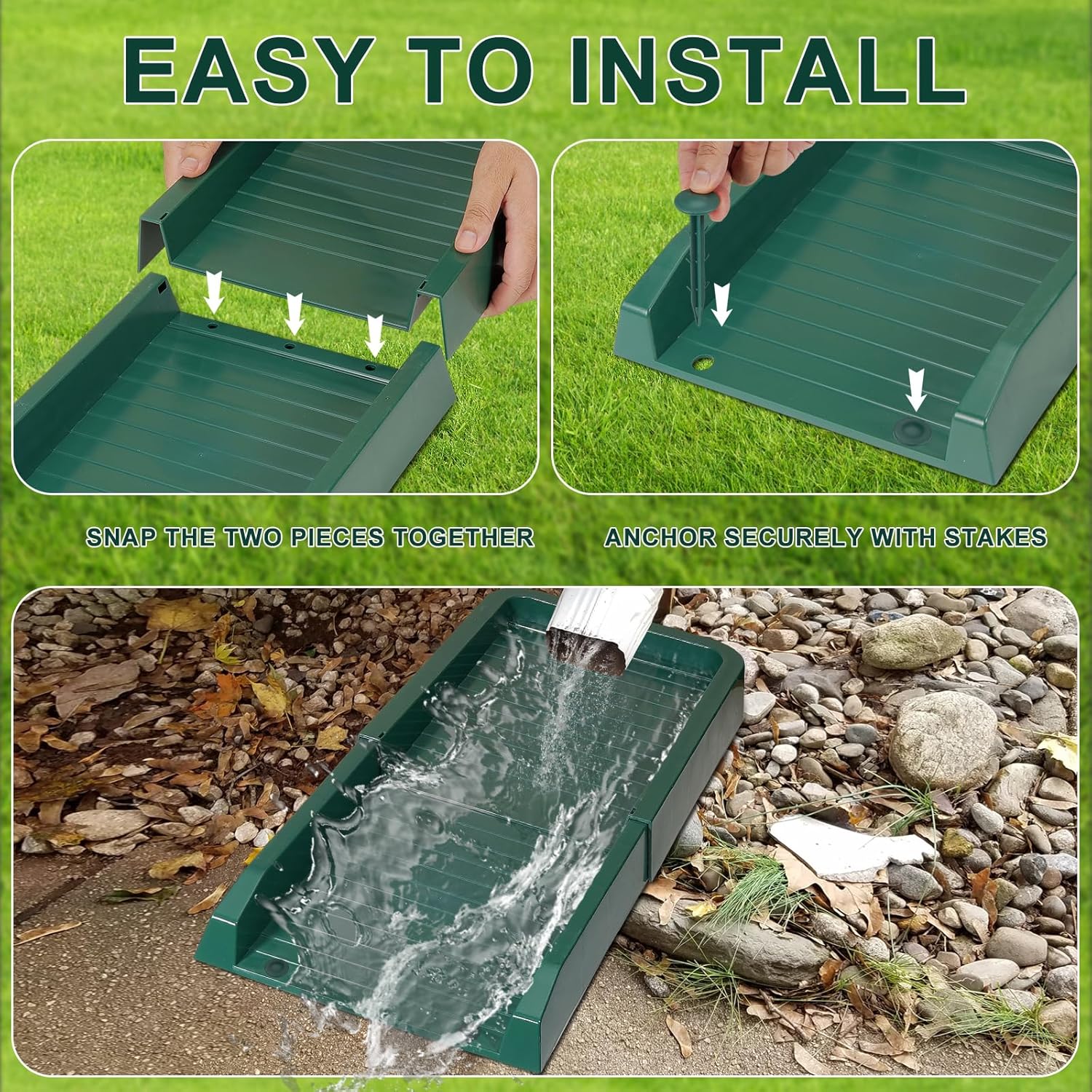 Aobiono Downspout Splash Block, Gutter Downspout Extensions Diverter, 24" Gutter Extension Splash Guard for Rain Water Drainage with Ground Stakes (4 Pcs Green)