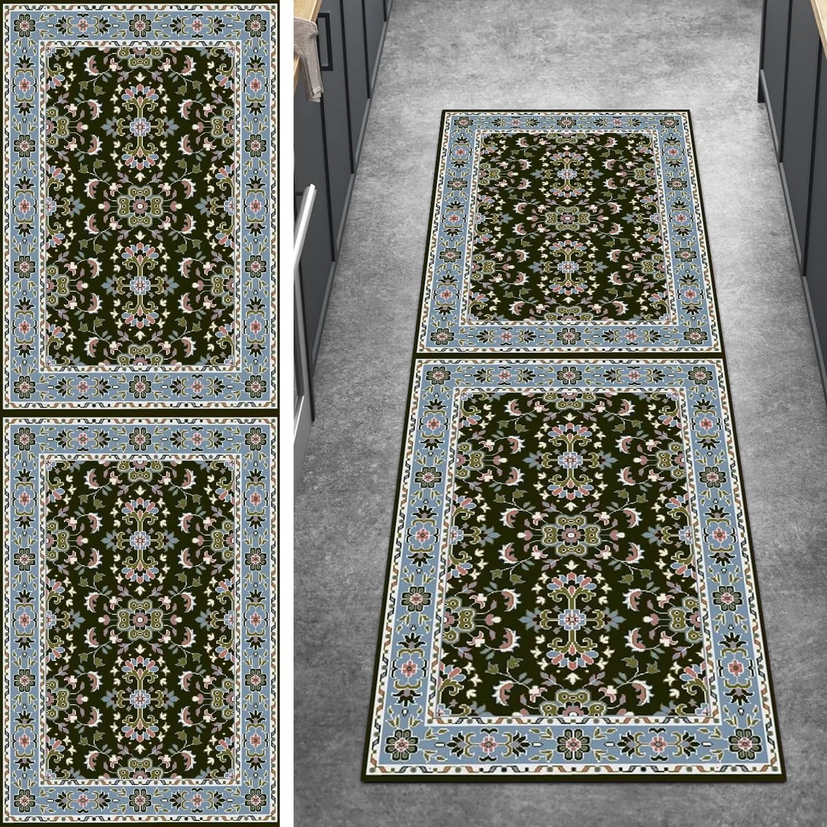 Alfombra para cocina y escaleras verde oscuro de estilo vintage