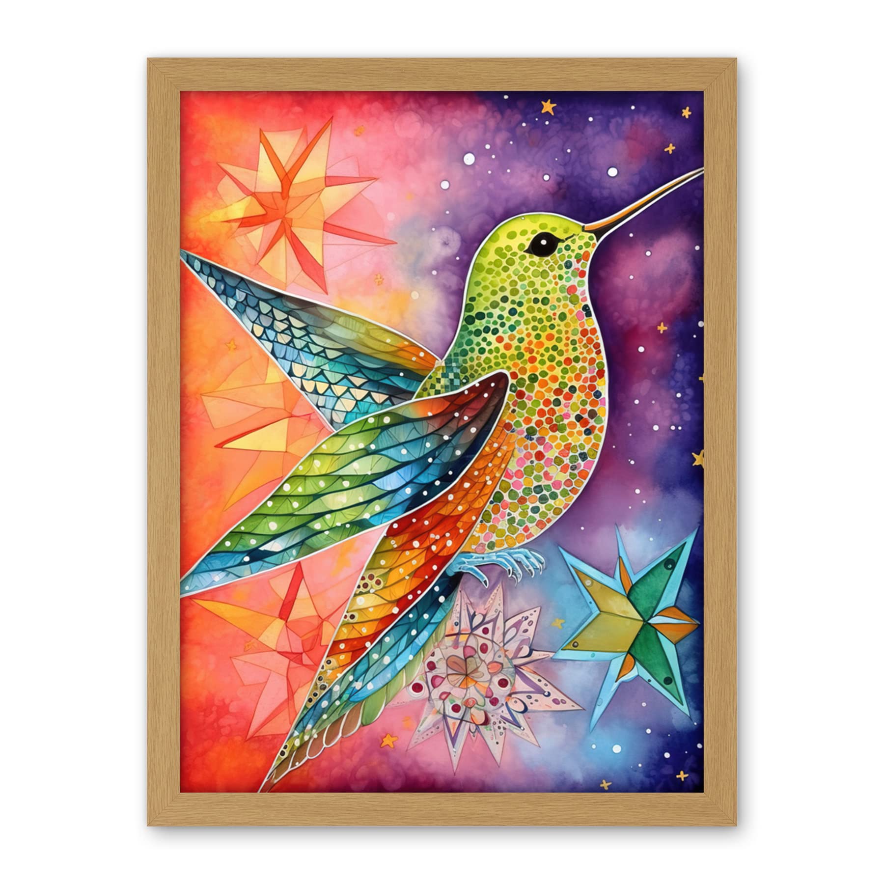 Artery8 Hummingbird In Vibrant Astral Field Folk Art Watercolour Painting Artwork Framed Wall Art Print 18X24 Inch