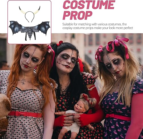 Miniatura 4 de LOGOFUN Diadema de cuerno de buey, aro de cuerno de buey grande rojo para fiesta, suministros de disfraces de animales, color negro