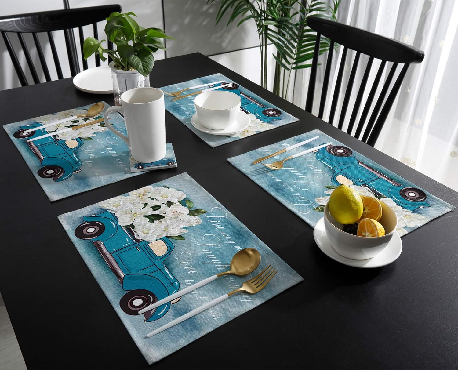 Placemats Set of 6,White Flower Floral Blue Truck Heat-Resistant Placemats for Dining Table,Cotton Linen Non-Slip Place Mats for Holiday Farmhouse Banquet Kitchen Table Decor