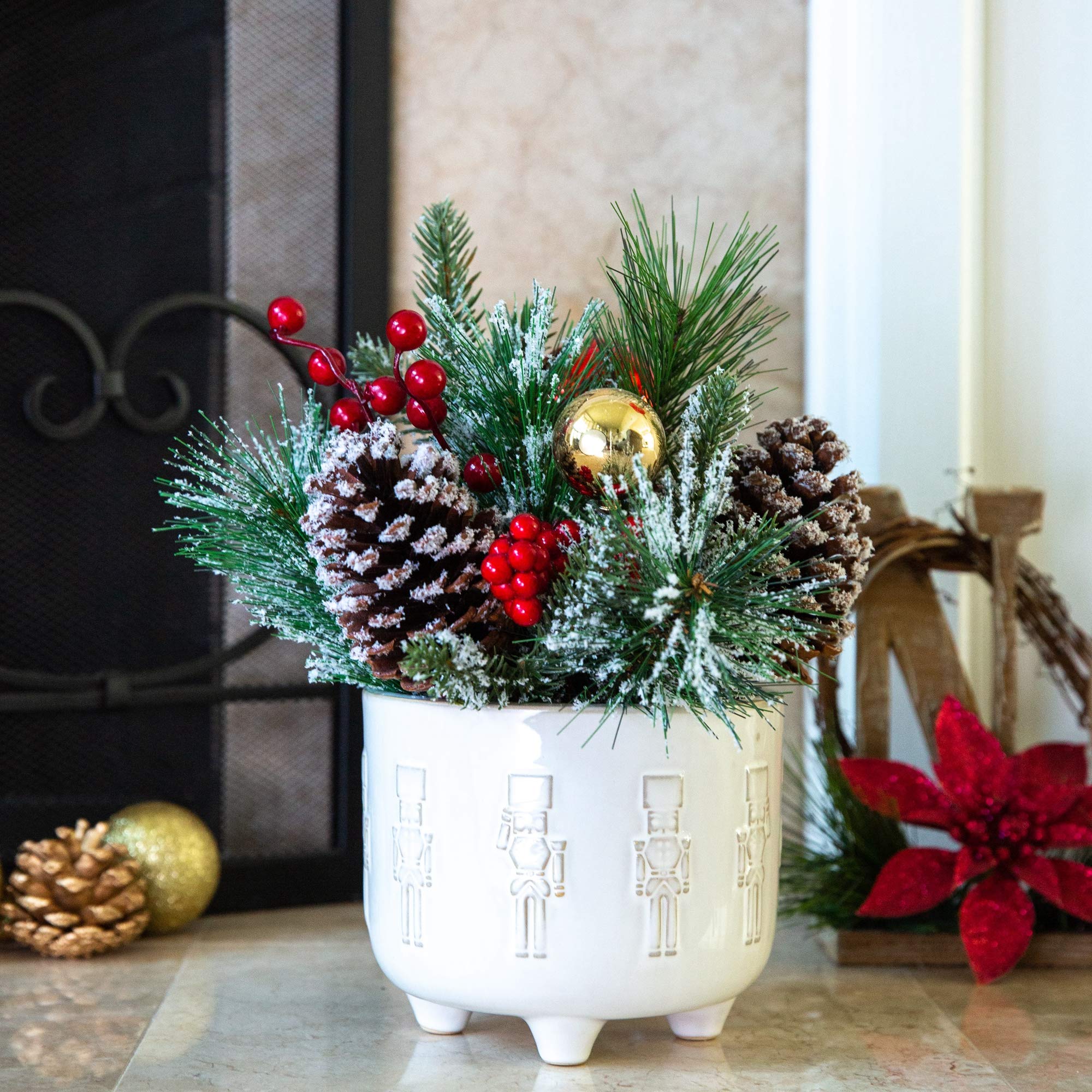 Flora Bunda Christmas Arrangement in in 6 inch Cracker Ceramic Footed Pot Holiday Home Décor Centerpiece,Ivory