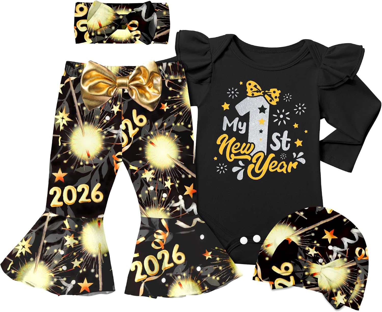 My First New Years Baby Girl Outfit 2026 Baby Girl Ruffle Romper Fireworks Flared Pants Headband 4 Pcs