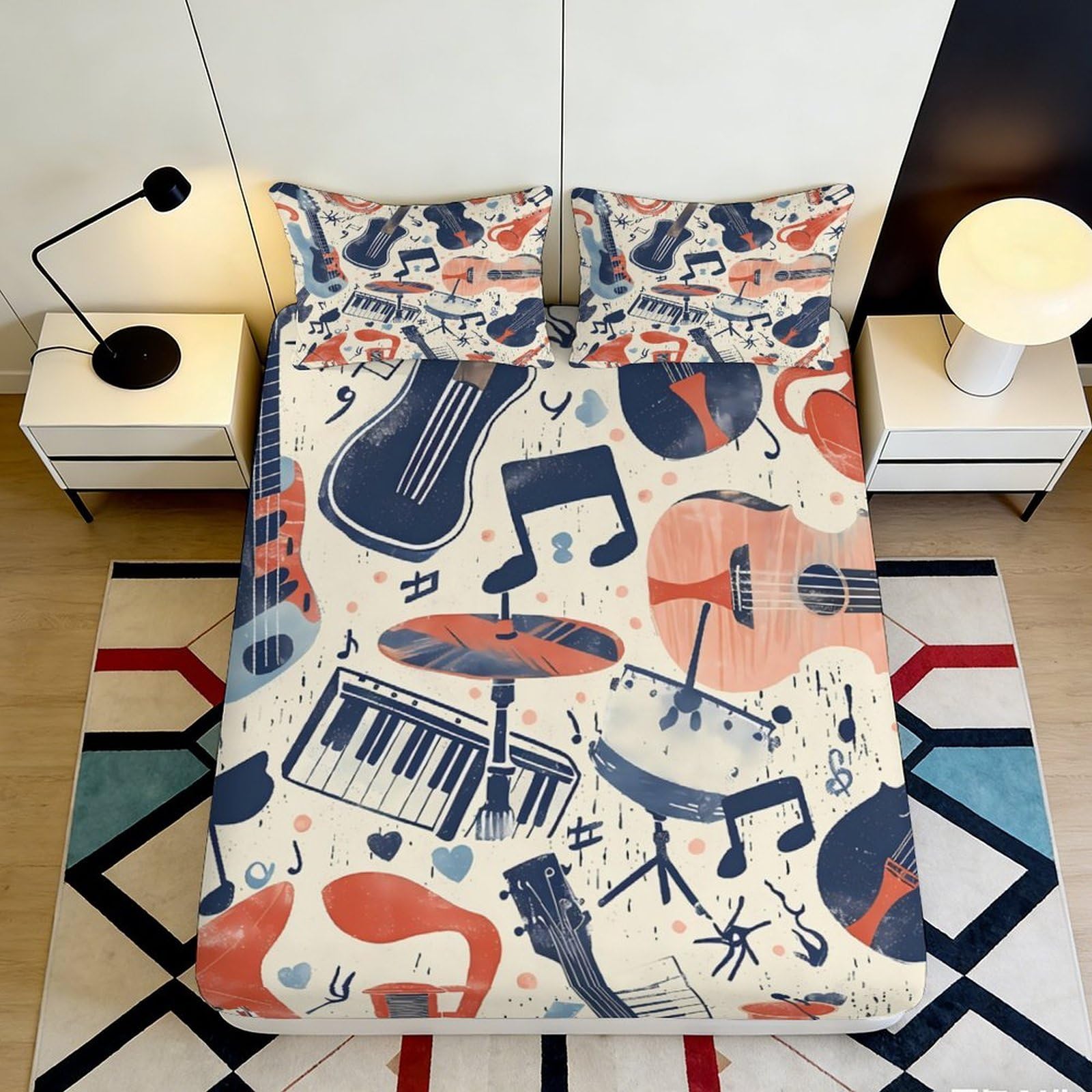 3D Printed Musical Instruments Fitted Sheet Microfiber Soft Breathable Music Notes Bed Cover for Bedroom Dormitory Guest Room Mattress Protection Decor 160x200x25cm